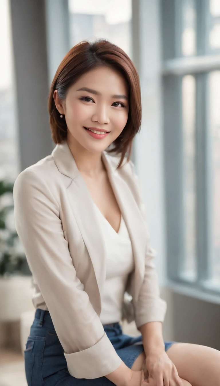 Asian female, Soft light, Clear face, cheerfulness, cheerful big breasts, Smiling, Warm light, ((office backdrop)), (Background)). ((office backdrop)) , (long or short hair), Smile, middle aged women,, Short hair, Smile,denim pant,high-heels,The back is beautiful