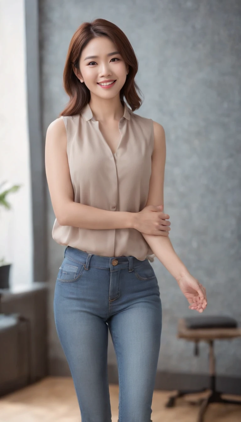 Asian female, Soft light, Clear face, cheerfulness, cheerful big breasts, Smiling, Warm light, ((office backdrop)), (Background)). ((office backdrop)) , (long or short hair), Smile, middle aged women,, Short hair, Smile,denim pant，high-heels，The back is beautiful