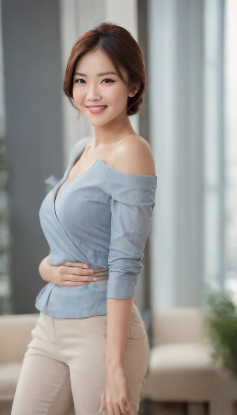 Asian female, Soft light, Clear face, cheerfulness, cheerful big breasts, Smiling, Warm light, ((office backdrop)), (Background)). ((office backdrop)) , (long or short hair), Smile, middle aged women,, Short hair, Smile,denim pant，high-heels，The back is beautiful