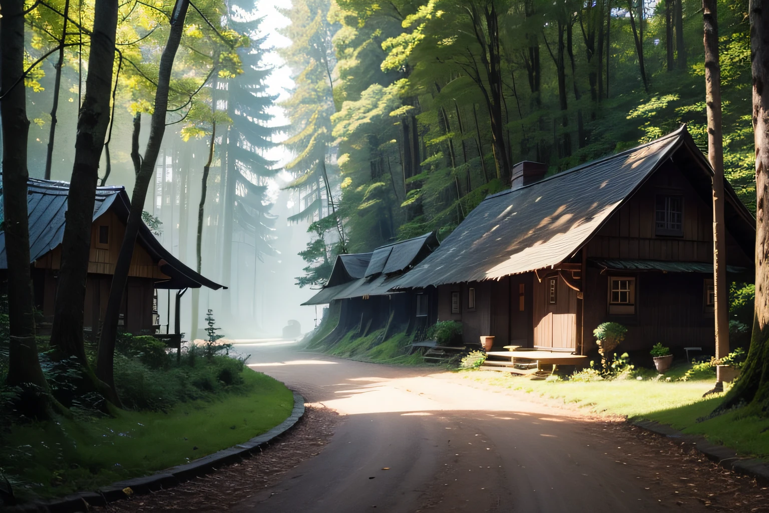 [Shots of a dense forest with tall trees and mysterious shadows, the camera slowly pans towards a small village in the center of the forest. The village appears peaceful and serene, with wooden houses and well-kept gardens.]