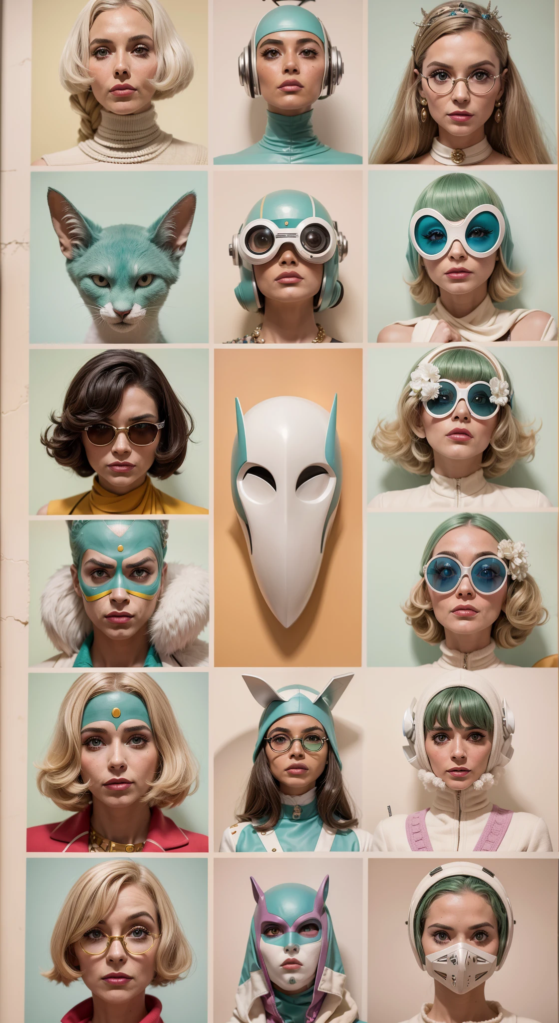 8k portrait of a 1960s science fiction film by Wes Anderson, Vogue anos 1960, pastels colors, There are people wearing weird futuristic masks and wearing extravagant retro fashion outfits and men and women wearing alien makeup and old ornaments with mechanical pets in town, Luz Natural, Psicodelia, futurista estranho, fotorrealista, hiper detalhado, foco nítido, Intrinsic, Fuji filmes 55mm,