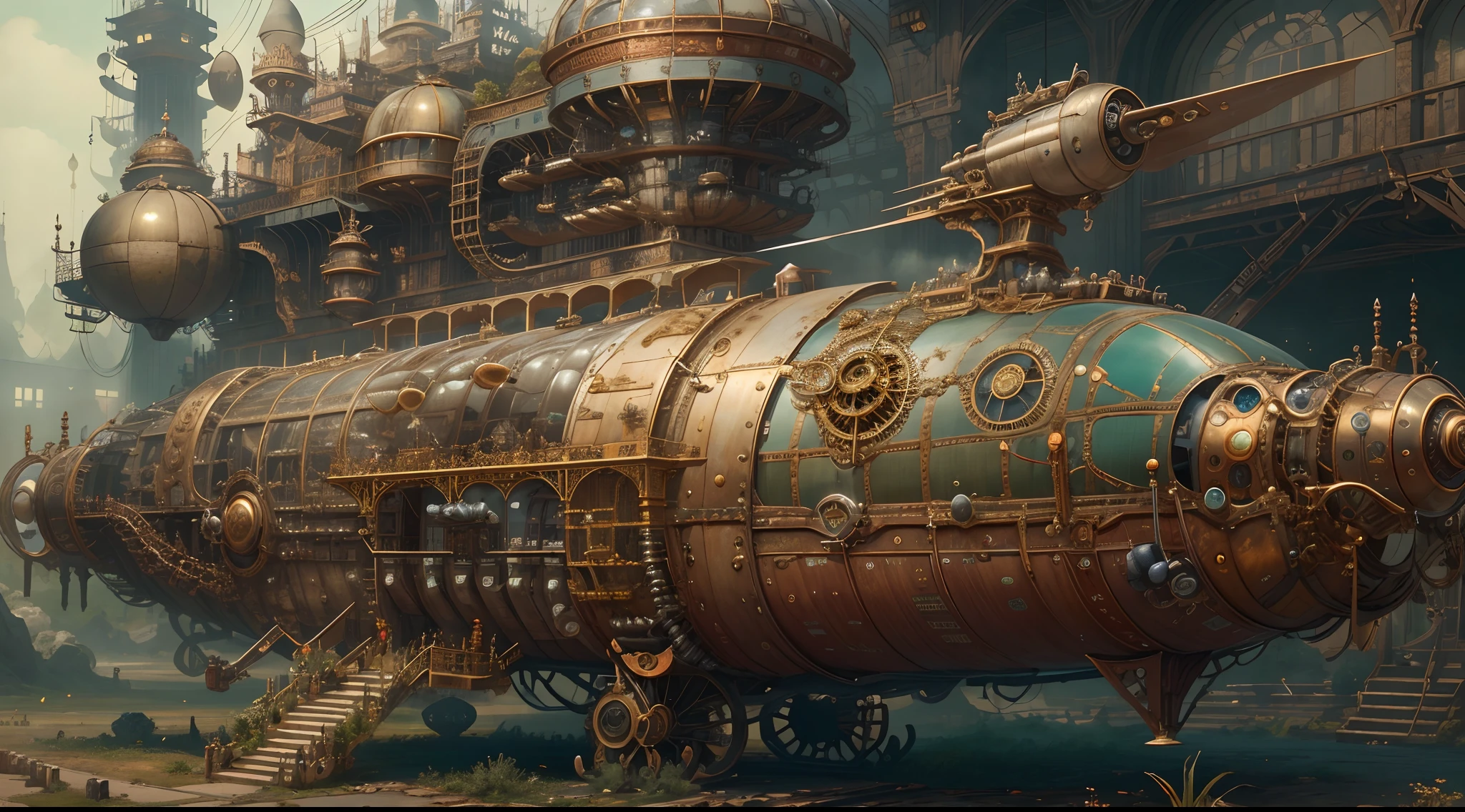 best qualtiy，tmasterpiece，超高分辨率，（realisticlying：1.4），absurderes，1 best long shot photo of Mechanical Airship Manor，Fantasy sci-fi vehicles，hyper realisitc，steampunc，Complex design，insanely details，finely detailled，Steampunk AI，