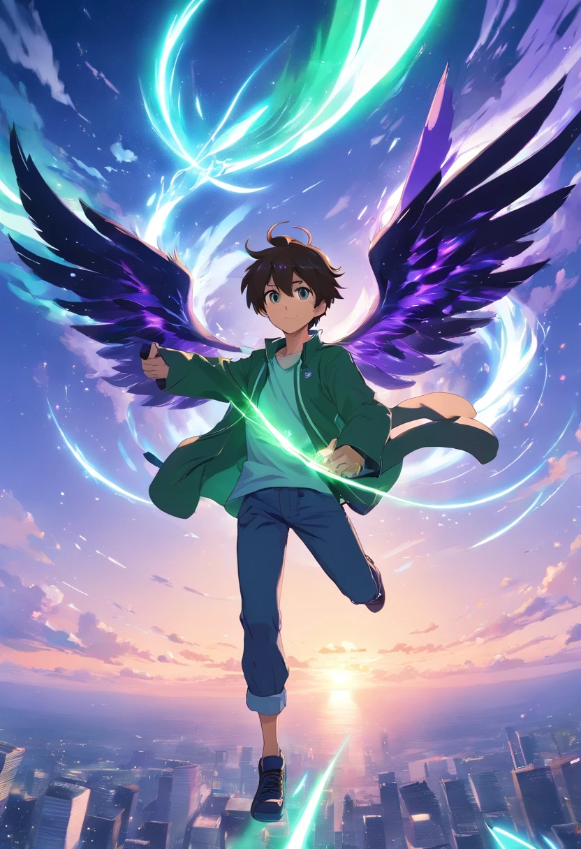 Um jovem homem adulto com cabelos cacheados Azul e branco de olhos verdes vibrantes, com uma roupa preta com desenhos azuis, holding a purple ray in his left hand with a pair of black wings on his back, flying through the sky