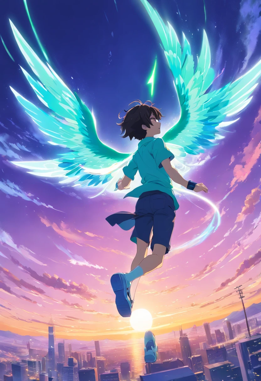Um jovem homem adulto com cabelos cacheados Azul e branco de olhos verdes vibrantes, com uma roupa preta com desenhos azuis, holding a purple ray in his left hand with a pair of black wings on his back, flying through the sky