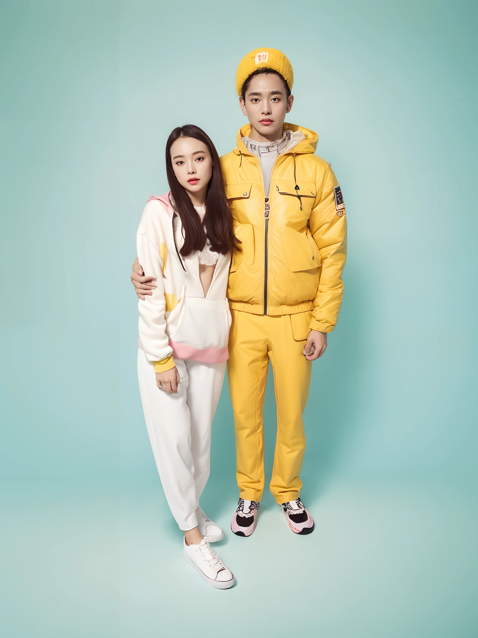 The guy in sneakers is wearing a yellow jacket and yellow pants, He wears a red headdress on his head, The girl is dressed in blue pants and a pink jacket and sneakers, front angle、(8K、topquality、tmasterpiece:1.2)、(realisitic、photorealestic:1.37)、ultra-detailliert、looking at the viewers、beautiful detailed sky、Detailed café street、Sitting on、full_body、small head、Complex choker、Cute legs:1.2、Leggy:1.2、Slim legs、High-heeledshoes:1.3、white sock:1.4、middle chest、high-waisted、Narrow waists、Off the shoulders、strap、Short bottom、beautiful detail eyes、 during daytime、Warm tones、white lace、(hairlong:1.4)、Silver mussel wool、White-skinned、cinematiclight、Street lamps、(Tea table:1)、(handbag:1)、