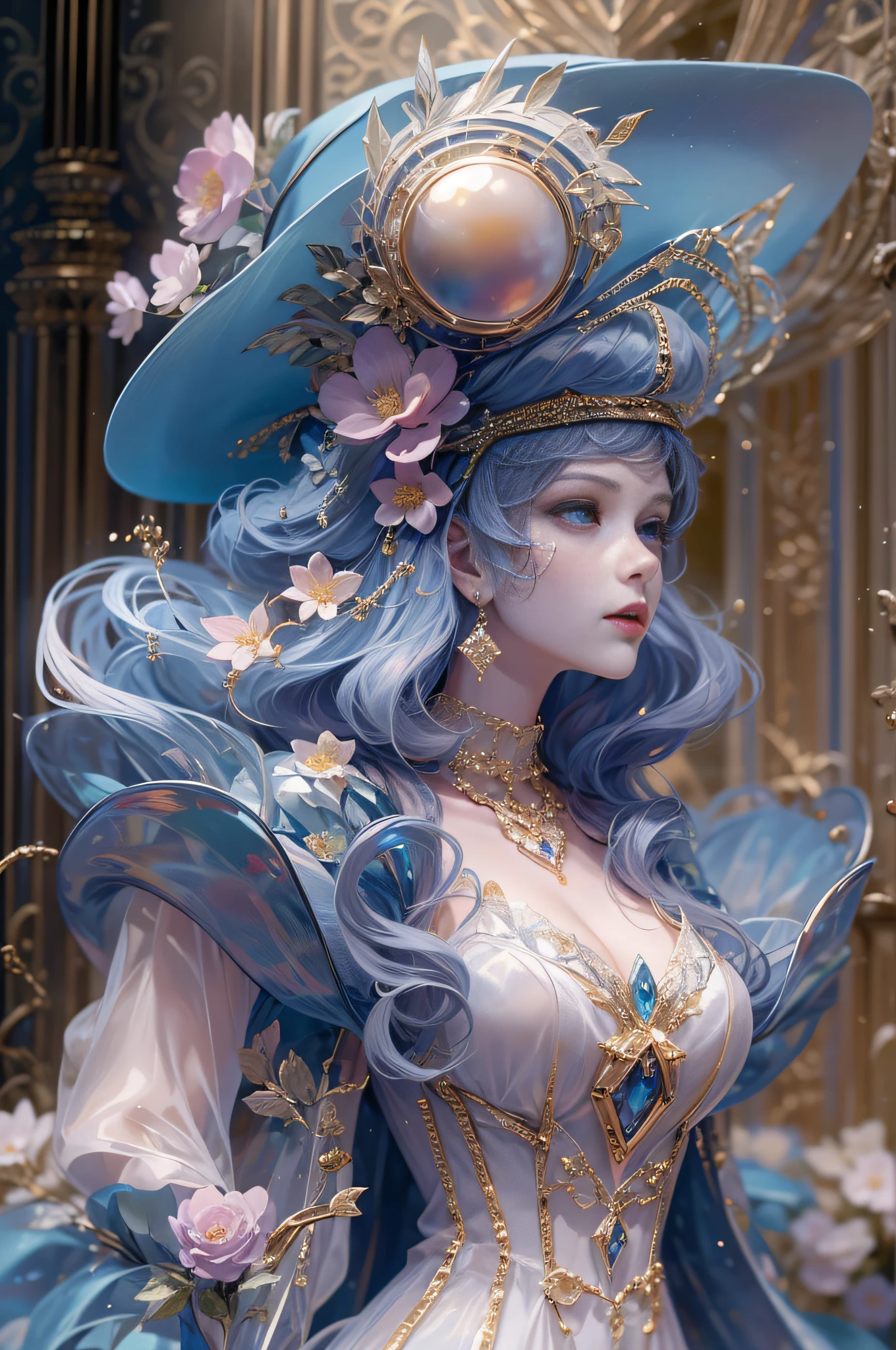 tmasterpiece,alta resolução,((Magic Orb)),Dynamic bust of the beautiful aristocratic maiden,Cabelo castanho castanho elegantemente enrolado,((Wearing a huge blue hat)),roxo olhos claros,The hair is covered with a beautiful and delicate floral craftsmanship, filigrana de joias de cristal,Detalhes ultra-detalhados,ampliado。