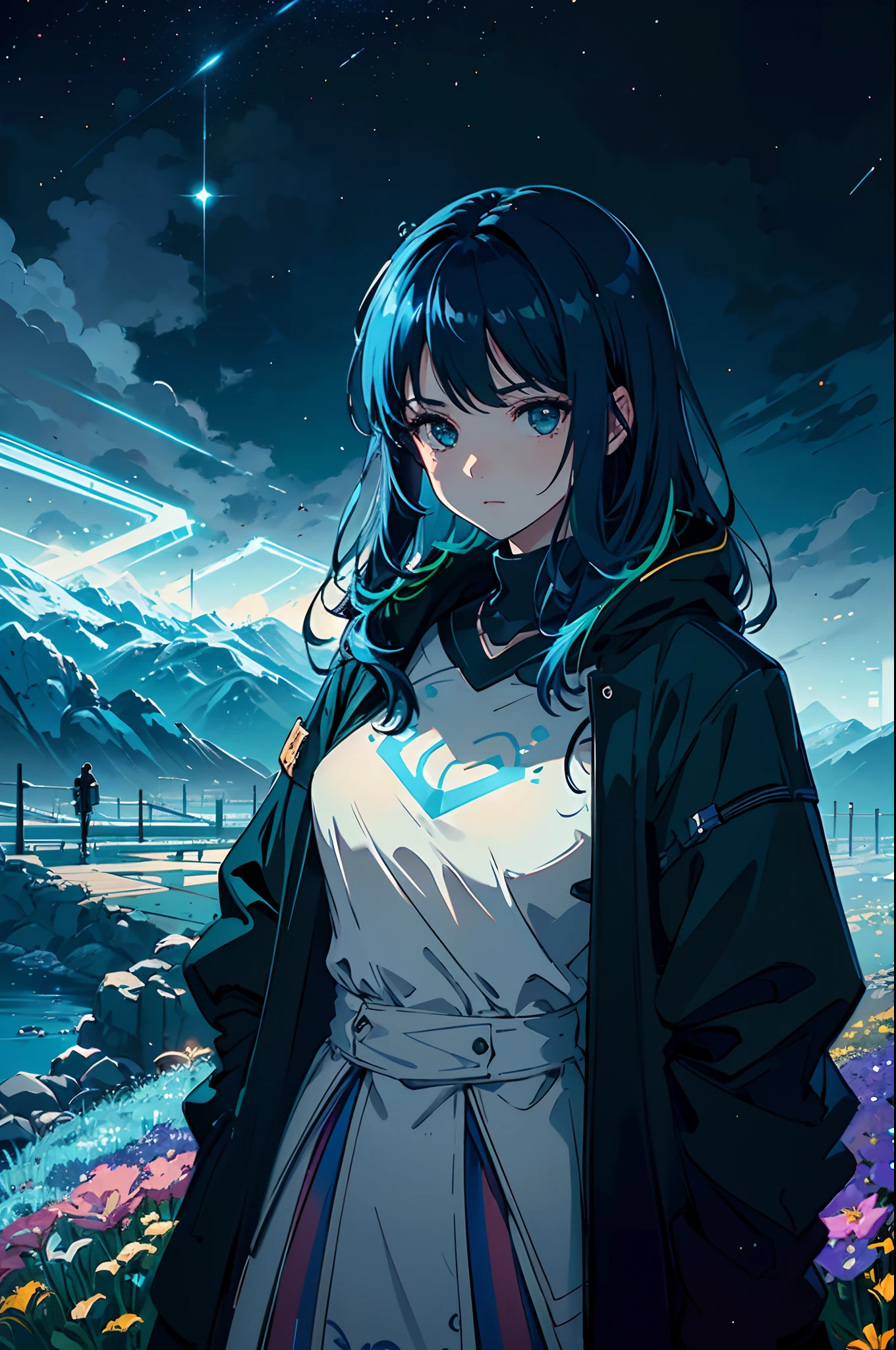 Panoramic photography of expansive landscape, (View from below overlooking the sky and street below), Cyberpunk girl standing in a field of flowers looking up, (pegue a chave: 1.2), (estrela cadente: 0.9), (nebulosa: 1.3), cidade distante, tree breaking production art, (fonte de luz quente: 1.2), (neon light: 1.2), bulb, roxo e laranja, detalhe intrincado, volume lighting BREAK (obra-prima: 1.2), (mais alta qualidade), 4k, ultra-detalhado, (Dynamic configuration: 1.4), Detalhes altamente detalhados e coloridos (iridescente: 1.2), (Sparkling lighting, Atmospheric Illumination), sonhador, magia, (sozinho: 1.2), Agora mesmo, Sexo, , hot,