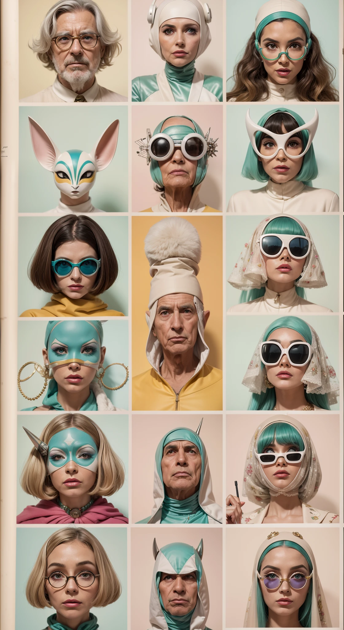 8k portrait of a 1960s science fiction film by Wes Anderson, Vogue anos 1960, pastels colors, There are people wearing weird futuristic masks and wearing extravagant retro fashion outfits and men and women wearing alien makeup and old ornaments with mechanical pets in town, Luz Natural, Psicodelia, futurista estranho, fotorrealista, hiper detalhado, foco nítido, Intrinsic, Fuji filmes 55mm,