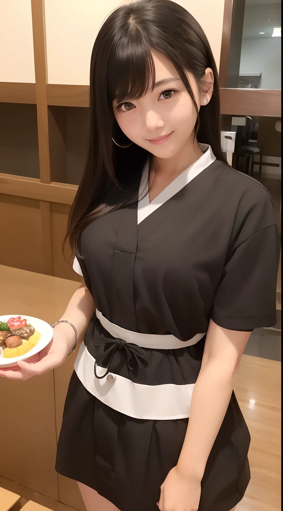 (masutepiece)、Best Quality、ultra-detailliert、high-level image quality、japanes、A dark-haired、20yr old、waitresses、a smile、Carry dishes
