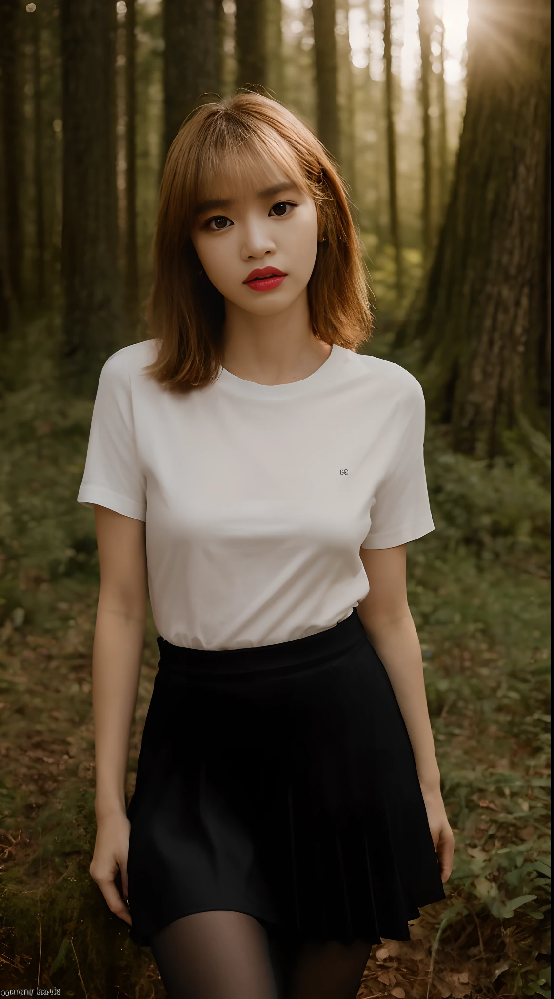 ((Lalisa Manobal from Blackpink)), t-shirt, wearing a t-shirt to the crotch, pleated skirt, black tights to the waist, high heels, close-up from thighs to face, female body, full body photo, hard nipples, skin very light, short hair, wavy hair, camp, forest, photorealistic, indirect lighting, volumetric light, ray tracing, hyperdetailed