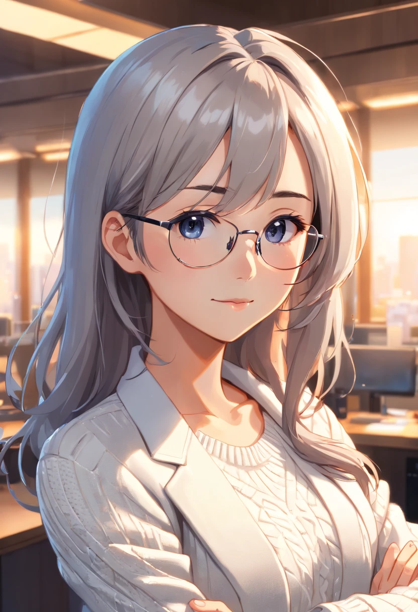 (Best Quality, 8k, 32k, Masterpiece, UHD:1.3), (Photo of Attractive Japanese Woman), ((1 Girl)), ((medium breast:1.3)), Abs, Perfect Body, Ultra Detailed Face, Detailed Lips, Fine Eyes, double eyelids, ((milf)) sexy girl, beautiful girl, jaw-dropping beauty, (silver long hair:1.2)), Office Lady, ((intricate white sweater:1.3)), ((close up to face)), smiling beautifully, sunlight illuminated her beautiful face, grey blazer, early morning in dressing room, wearing eyeglasses, arms crossed, ((black blazer)), ((ayaka from genshin impact))