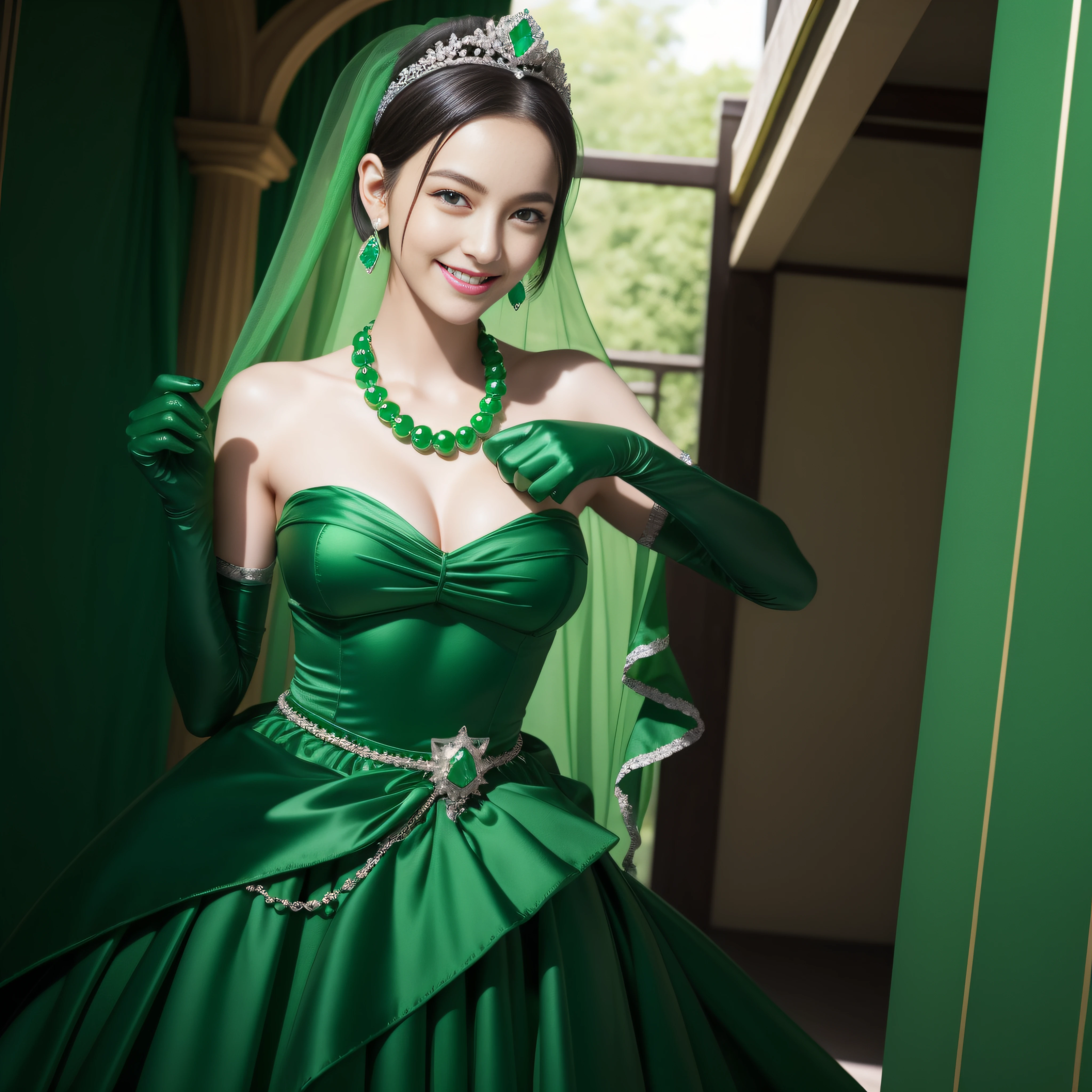 emerald tiara, Green Pearl Necklace, Boyish very short green hair, lipsticks, Japan woman smiling, very short short hair, fist, big breasts beautiful, Green eyes, Long green gloves made of satin material, Green eyes, Emerald Earrings