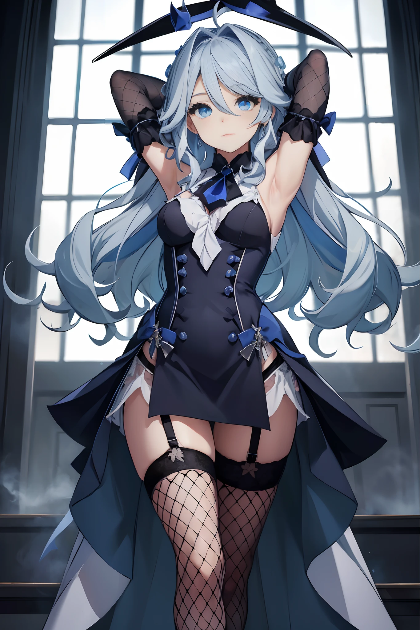 Slit dress, ribbon, blowing air, arms stretched, oversized dress, bluish hair, azure eyes, fishnet, garter belt, tip toe standing