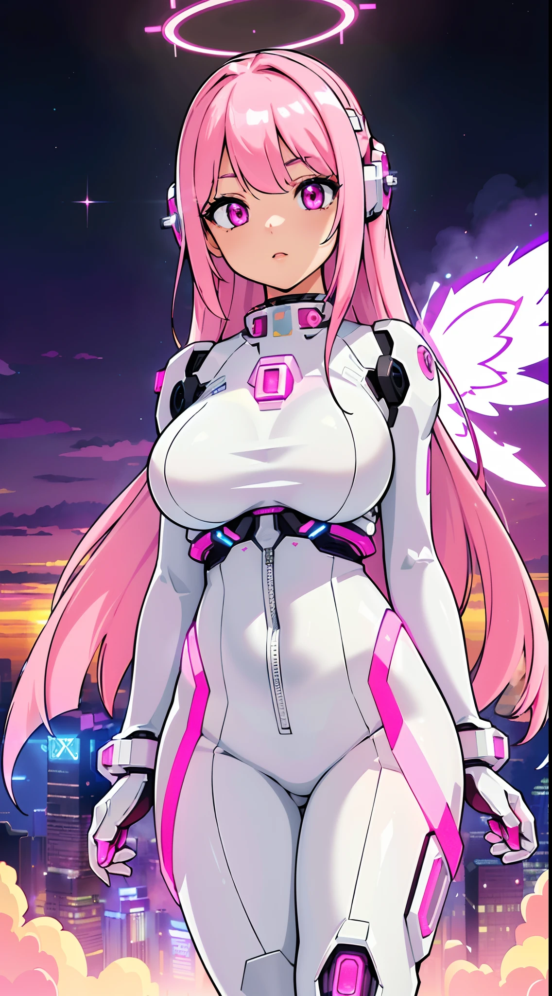 ((masterpiece, best quality, extremely detailed), volumetric lighting, ambient occlusion, colorful, glowing), 
1girl, solo, young girl, (pink hair), long hair, halo, aura, sacred, godness, cyber suit, (white outfit:1.3), android, bot, angel wings,
outdoors, sunset, sky, clouds, space, (cyberpunk theme:1.2),