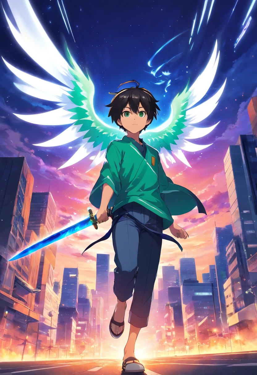 Um jovem homem adulto com cabelos cacheados Azul e branco de olhos verdes vibrantes, com uma roupa preta com desenhos azuis, holding a purple ray in his left hand with a pair of black wings on his back, flying through the sky with a fiery sword