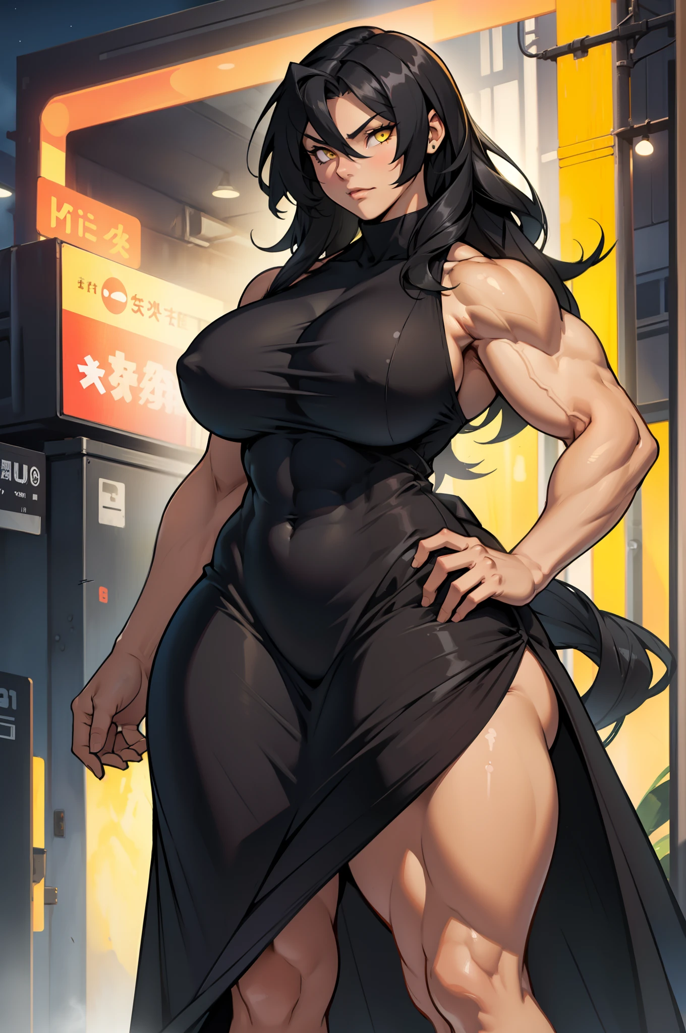 ((((1 girl)))), (((((muscular))))), (huge tits), (thick thighs), (wide hips), very long hair, black hair, yellow eyes, night dress, seductive expression