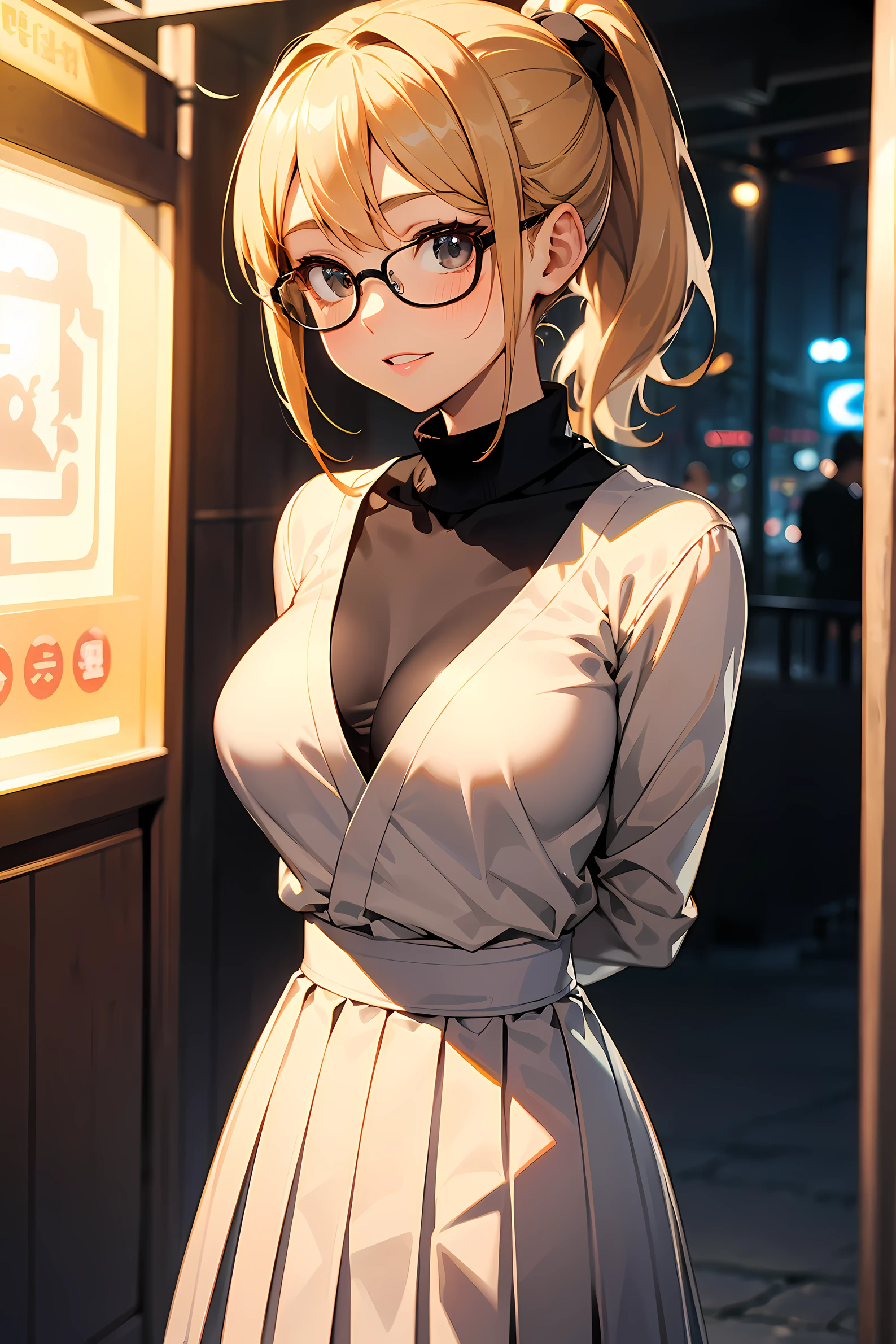 high resolution, Photo of a beautiful woman detailed_face, young handsome girl,realistic:0.5, perfect skin, (wearing a glasses:1.5), (ultra-detailed background, detailed background), bokeh, make happy expressions, happy emotion, gorgeous,pure, beautyfull detailed face and eyes,breasts, (black eyes:1.1), (a extremely pretty and beautiful Japanese woman), (sexy girl), (professional attire:1.3), (22 years old: 1.1), BREAK, (lovely outfit:1.2), (detailed blue turtleneck sweater:1.2), (beige pleats skirt:1.2), (leather boots))), cleavage, beautiful detailed skin, (cute:1.2), (blonde hair), ((jpop idol)), (upper thigh:0.6), (depth of field),soft light, Lens Glow looking at viewer, (Drooping eyes:1.2), straight teeth,smile, floating hair, (blond hair:1.2), brown eyes BREAK movie scene, cinematic, full colors, 4k, 8k, 16k, RAW photo, masterpiece, professionally color graded, professional photography, high school girl, hair up, , soft clean focus, realistic lighting and shading, (an extremely delicate and beautiful art)1.3, elegant,active angle,dynamism pose BREAK (ponytail:1.3), (shiny-black thin hair:1.2), bangs, dark brown eyes, beautiful eyes, princess eyes, (big eyes:1.3), bangs, wearing a glasses:1.3, Hair between eyes, short hair:1.3, (slender:1.1), (medium-breasts:0.95), (thin waist: 1.15), (detailed beautiful girl: 1.4), Parted lips, Red lips, full-make-up face, (shiny skin), ((Perfect Female Body)), (upper body image:1.3), Perfect Anatomy, Perfect Proportions, (most beautiful Korean actress face:1.3, extremely cute and beautiful Japanese actress face:1.3), ,(1glasses girl:1.3, solo), ,(blush:1.1), gray background, solo focus, (bust shot:1.2), cinematic light, (nostalgic night scene:1.4), (amusement park:1.4), (merry-go-round、the Ferris wheel、rollercoaster), (arms behind back :1.4), (looking at viewer:1.2