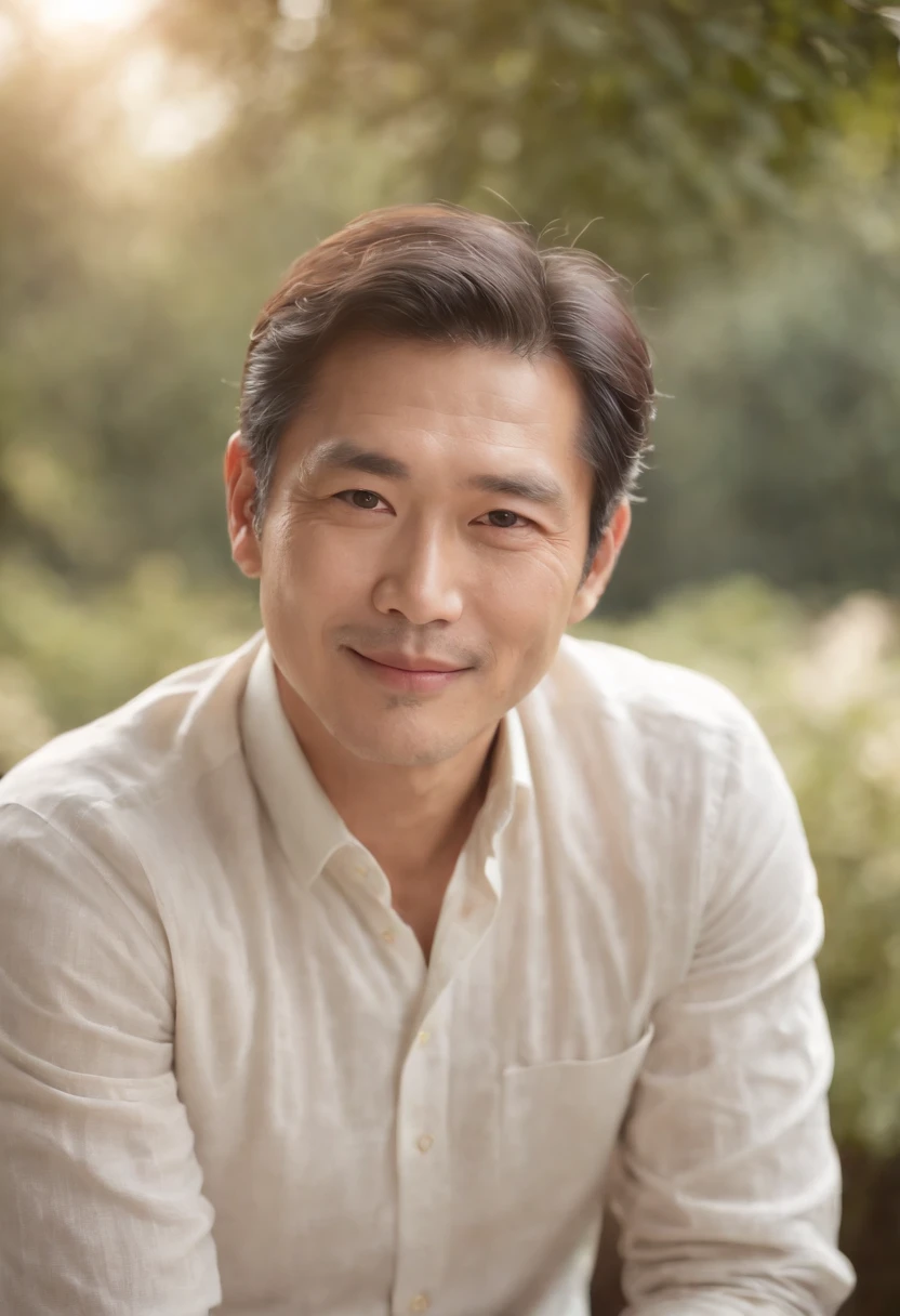 (Best Quality,hight resolution),Man sitting,(Realistic,Photorealistic:1.37),Detailed faces and facial expressions,Gentle eyes,subtle smile,Classic portrait style,Warm tones,soft and even lighting,Detailed clothing,calm and peaceful ambiance、Looking at the camera、Japan male at 50 years old、Smiling kindly、Head-on photo