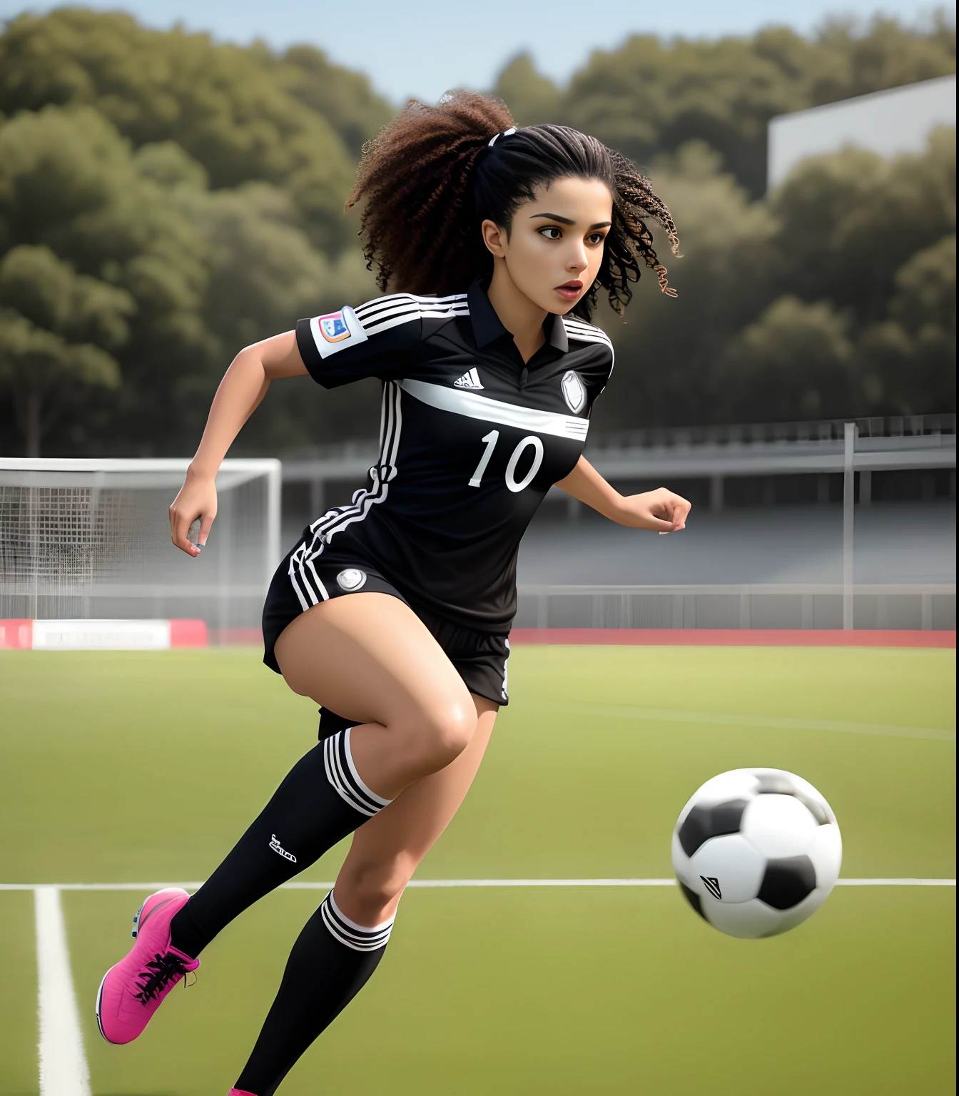Arafed Woman with curly hair in black and white soccer uniform, Se parece a Fabiula Nascimento, Malika Favre, Andrea Rocha, fernanda suarez, Laure Lipton, Caroline Gariba, cgrender, Alexis Franklin, Julia Fuentes, Golondrina Toron, Olivia de Bernardinis, Amanda Clarke, Martinne Johanna, Running on the soccer field, Sozinha