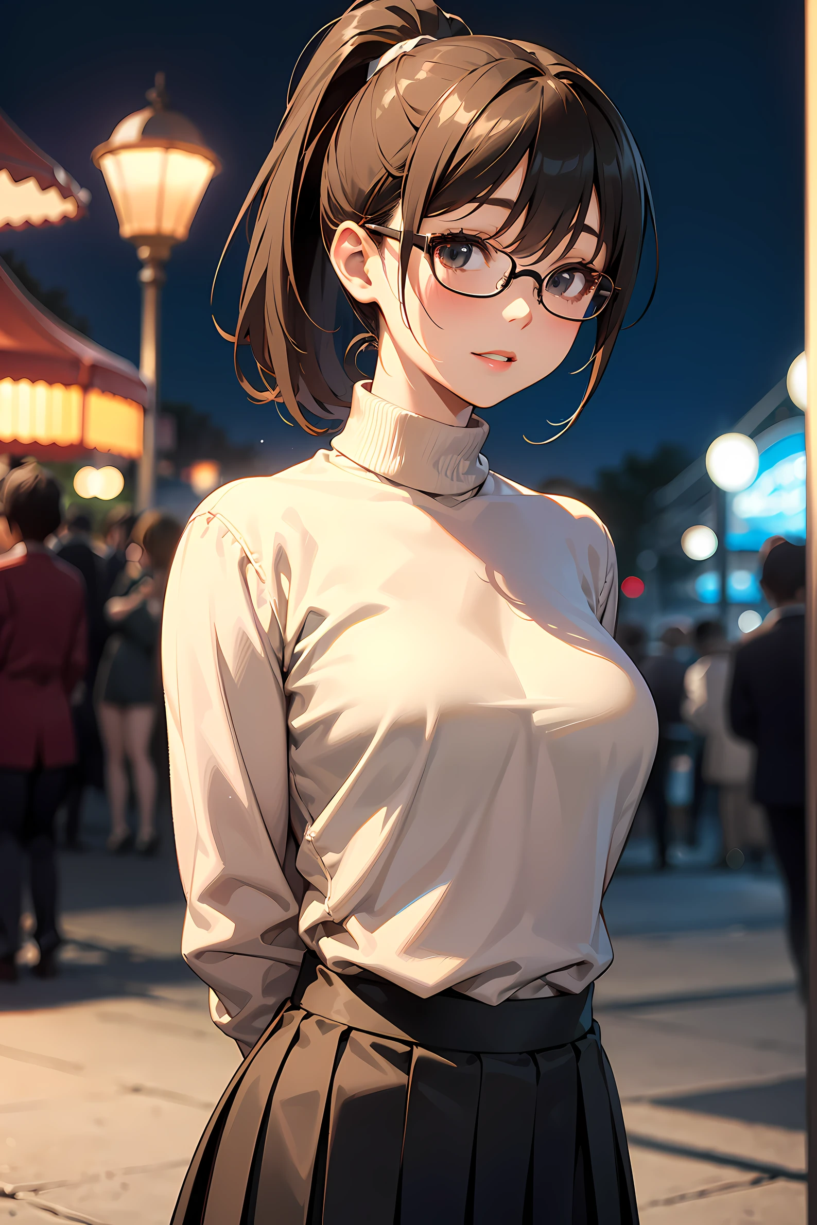 high resolution, Photo of a beautiful woman detailed_face, young handsome girl,realistic:0.5, perfect skin, (wearing a glasses:1.5), (ultra-detailed background, detailed background), bokeh, make happy expressions, happy emotion, gorgeous,pure, beautyfull detailed face and eyes,breasts, (black eyes:1.1), (a extremely pretty and beautiful Japanese woman), (sexy girl), (professional attire:1.3), (22 years old: 1.1), BREAK, (lovely outfit:1.2), (detailed blue turtleneck sweater:1.2), (beige pleats skirt:1.2), (leather boots))), cleavage, beautiful detailed skin, (cute:1.2), (blonde hair), ((jpop idol)), (upper thigh:0.6), (depth of field),soft light, Lens Glow looking at viewer, (Drooping eyes:1.2), straight teeth,smile, floating hair, (blond hair:1.2), brown eyes BREAK scene, cinematic, full colors, 4k, 8k, 16k, RAW photo, masterpiece, professionally color graded, professional photography, high school girl, hair up, , soft clean focus, realistic lighting and shading, (an extremely delicate and beautiful art)1.3, elegant,active angle,dynamism pose BREAK (ponytail:1.3), (shiny-black thin hair:1.2), bangs, dark brown eyes, beautiful eyes, princess eyes, (big eyes:1.3), bangs, wearing a glasses:1.3, Hair between eyes, short hair:1.3, (slender:1.1), (medium-breasts:0.95), (thin waist: 1.15), (detailed beautiful girl: 1.4), Parted lips, Red lips, full-make-up face, (shiny skin), ((Perfect Female Body)), (upper body image:1.3), Perfect Anatomy, Perfect Proportions, (most beautiful Korean actress face:1.3, extremely cute and beautiful Japanese actress face:1.3), ,(1glasses girl:1.3, solo), ,(blush:1.1), gray background, solo focus, (bust shot:1.2), cinematic light, (nostalgic night scene:1.4), (amusement park:1.4), (merry-go-round、the Ferris wheel、rollercoaster), (arms behind back :1.4), (looking at viewer:1.2