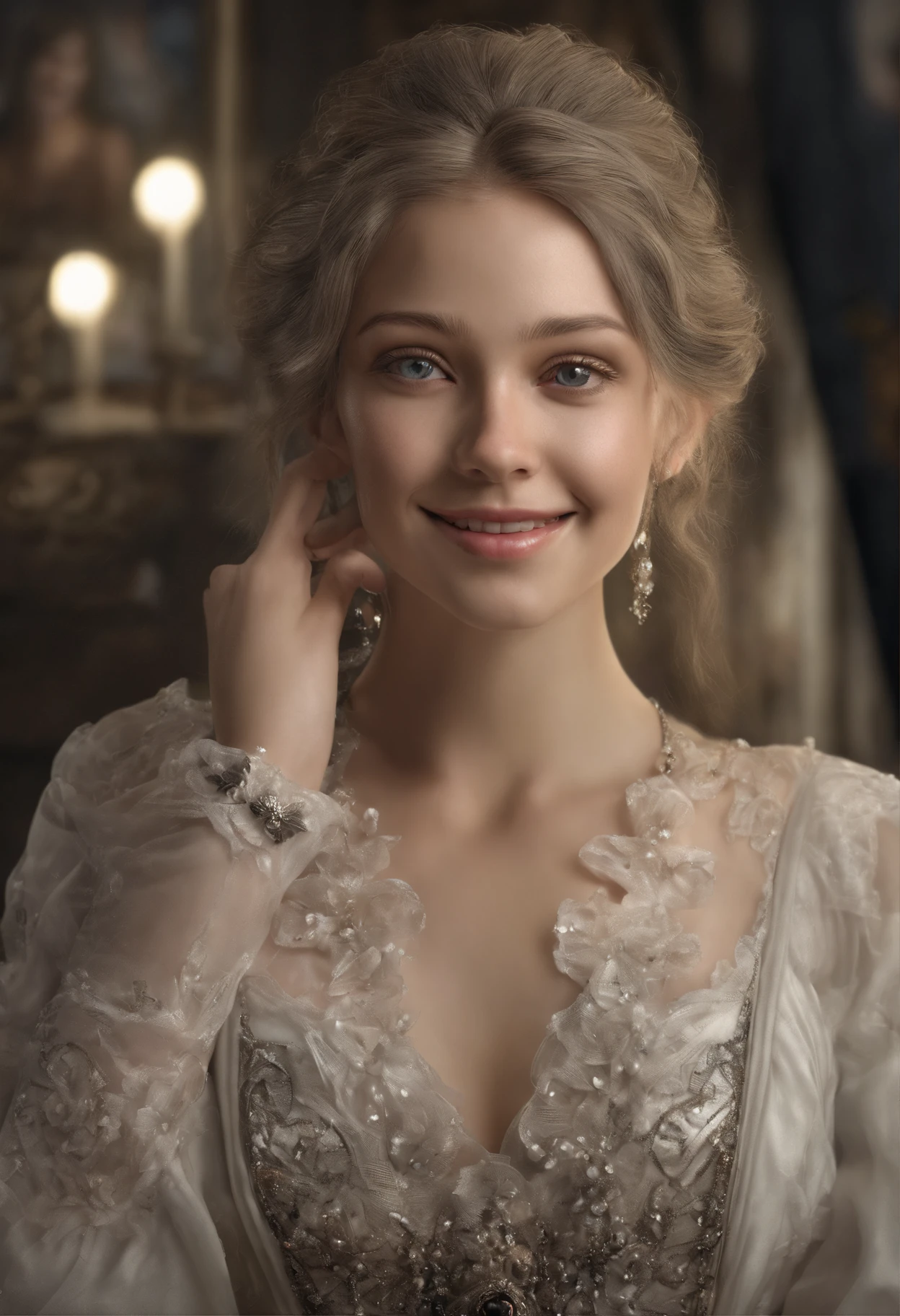 1fille, offshoulder, light smile, peau brillante, black best quality, Masterpiece, (photoreallistic:1.4)