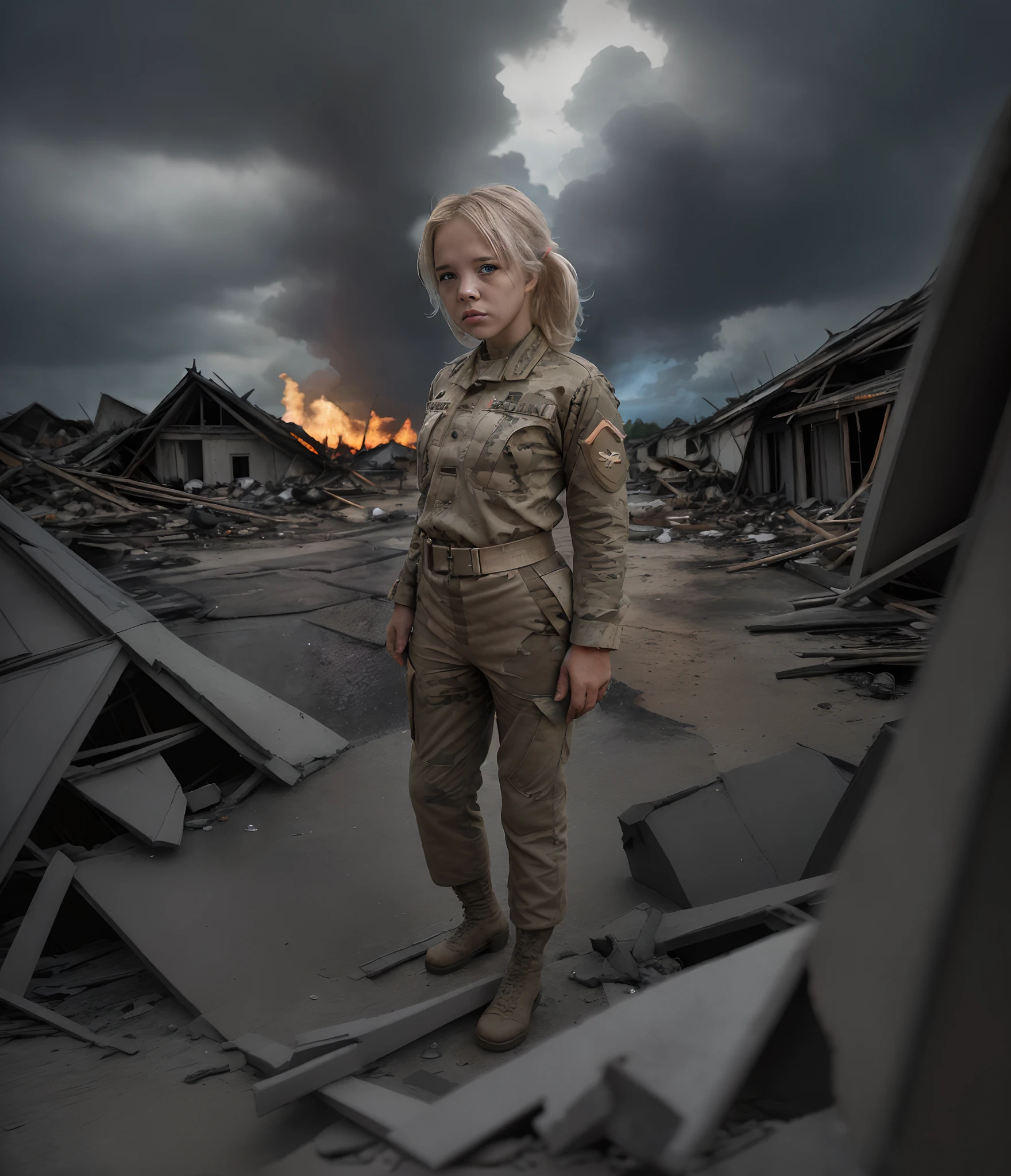 a lone blond sad female soldier in the debris of a destroied slum hut village in the vietnam war, (army uniform:1.4), hands behind the back, stormy sky in the background, (burning debris) , nikon d850 film photograph, rich colors hyper realistic lifelike texture dramatic lighting, (wearing full army uniform : 1.3)