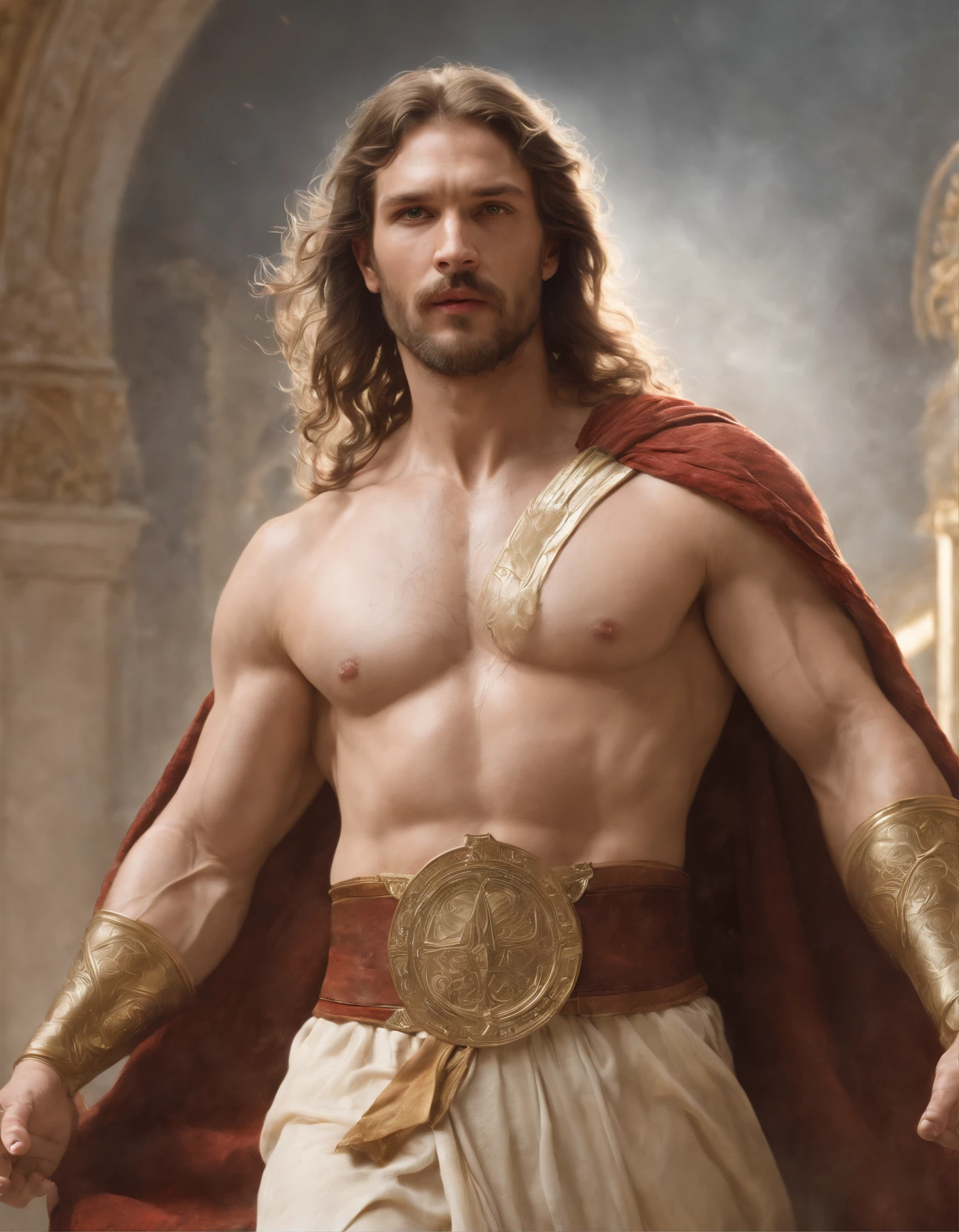 Portrait of an elegant stout mighty God unleashing all his powers, digital painting in the style of Robert Liberace, dynamic action poses of stout zeus, god of thunder, greek god, blond hair, male, mature, handsome, upper body, muscular, hairy torso, fantasy, intricate, elegant, highly detailed, digital painting, art station, concept art, soft, sharp focus, illustration, art by Robert Liberace, Gaston Bussiere and Alphonse Mucha, klimt, art deco