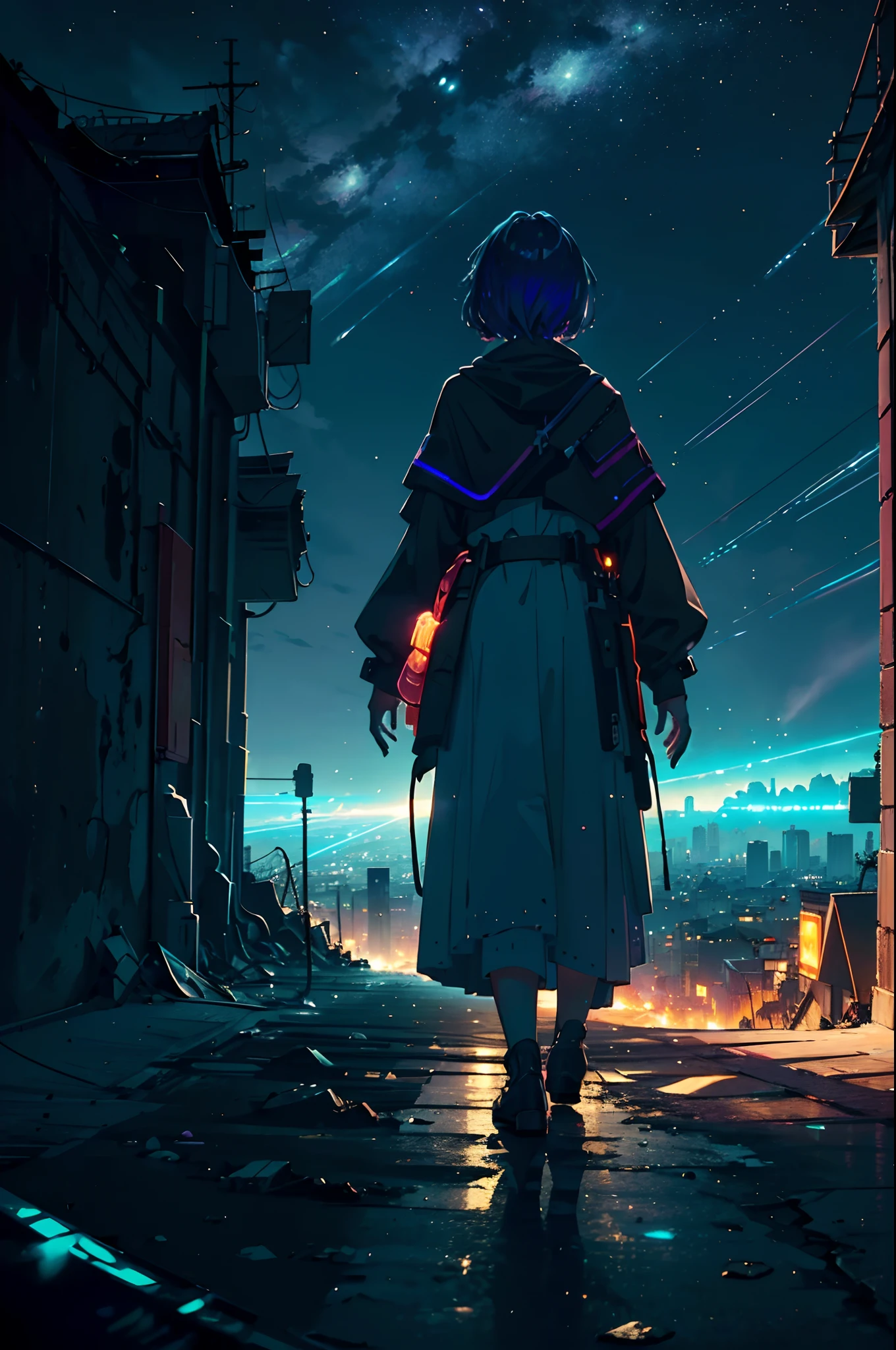 Panoramic photography of expansive landscape, (View from below overlooking the sky and street below), Cyberpunk girl standing in dystopic city looking up, (pegue a chave: 1.2), (estrela cadente: 0.9), (nebulosa: 1.3), cidade distante, tree breaking production art, (fonte de luz quente: 1.2), (neon light: 1.2), bulb, roxo e laranja, detalhe intrincado, volume lighting BREAK (obra-prima: 1.2), (mais alta qualidade), 4k, ultra-detalhado, (Dynamic configuration: 1.4), Detalhes altamente detalhados e coloridos (iridescente: 1.2), (Sparkling lighting, Atmospheric Illumination), sonhador, magia, (sozinho: 1.2), Agora mesmo, Sexo, , hot,