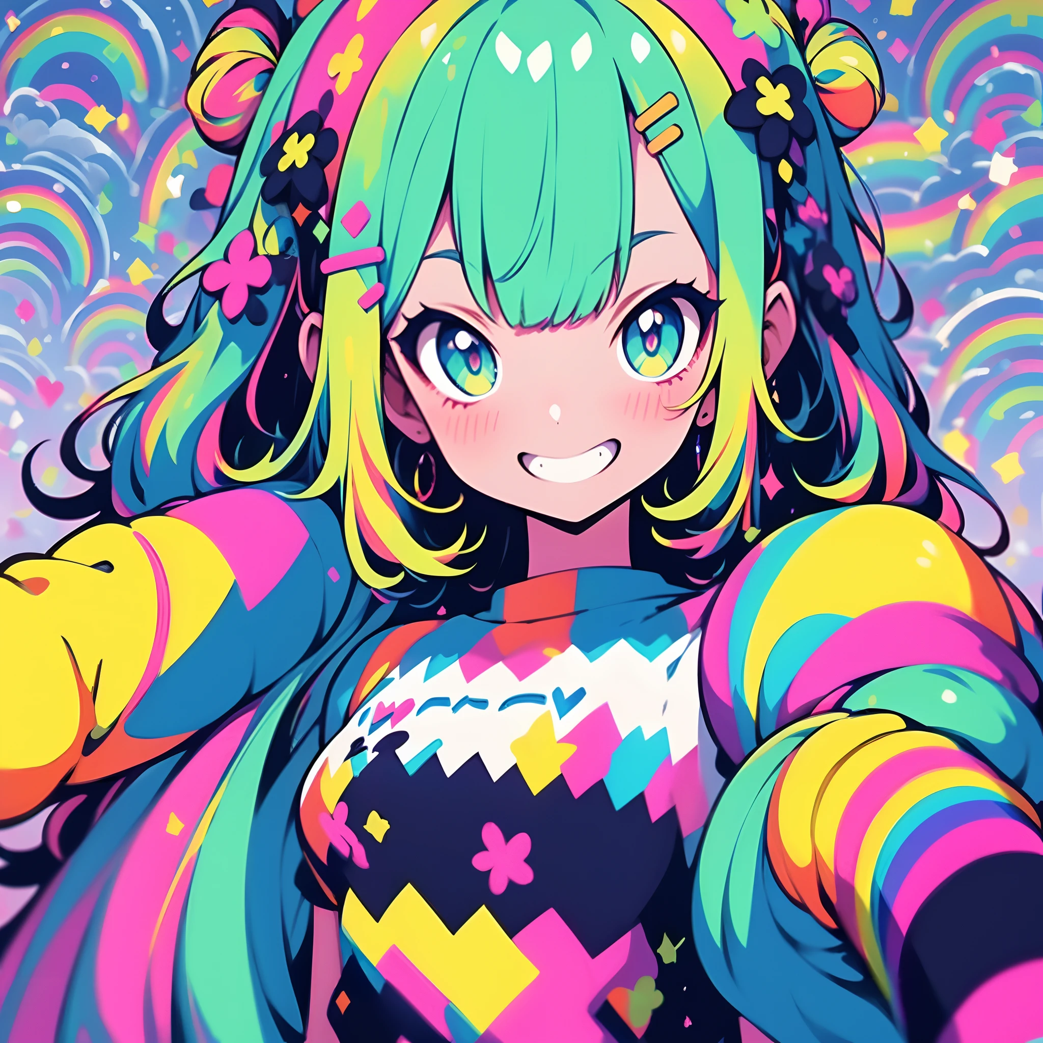Masterpiece, best quality, high quality, 1girl, decora, maid outfit, neon colors, rainbow hair with ribbons, detailed 8k background of a playground with rainbow colors, smiling, teeth showing, cute background