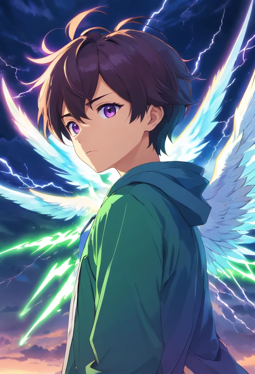 Um jovem homem adulto com cabelos cacheados Azul e branco de olhos verdes vibrantes, com uma roupa preta com desenhos azuis, holding a purple ray in his left hand with a pair of black wings on his back, Flying through the sky with a lightning storm