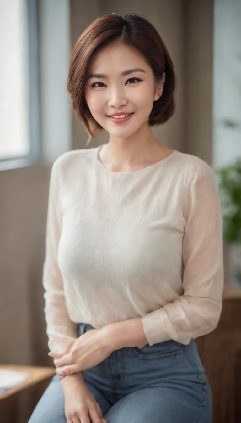 Asian female, Soft light, Clear face, cheerfulness, cheerful big breasts, Smiling, Warm light, ((office backdrop)), (Background)). ((office backdrop)) , (long or short hair), Smile, middle aged women,, Short hair, Smile,denim pant，The back is beautiful