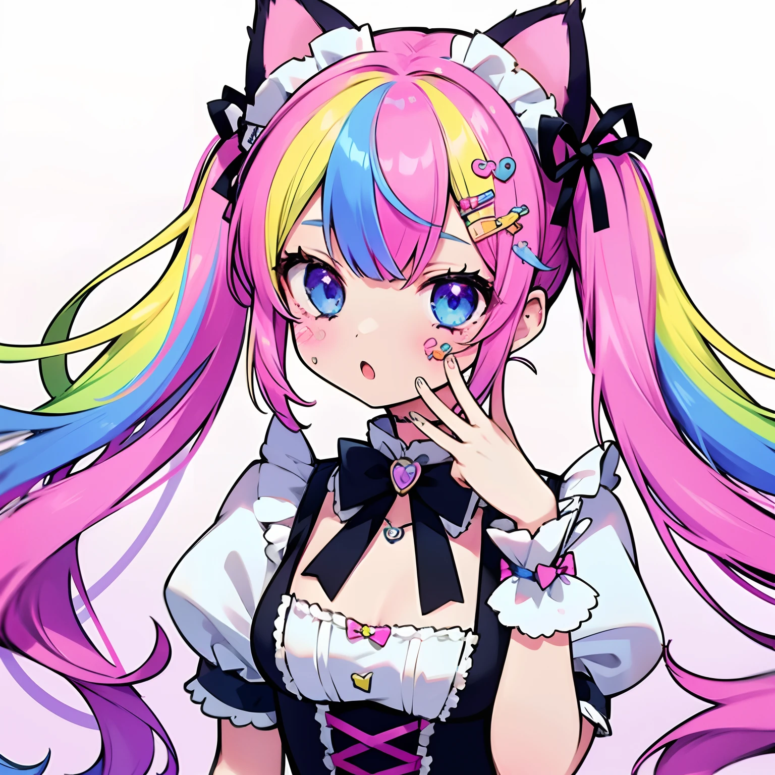 1girl, decora, cat ears, maid outfit, neon colors, rainbow hair with ribbons, detailed 8k background of a playground with rainbow colors and crayola, :o, cute background