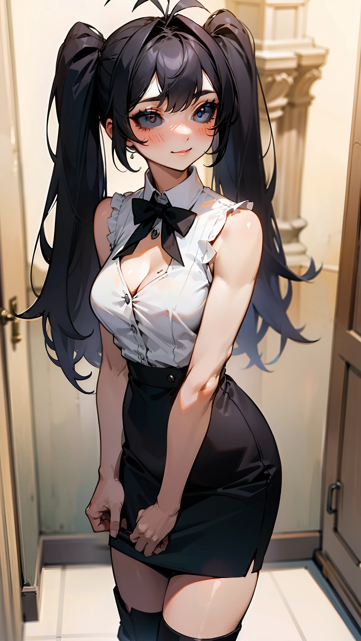 Original Character,8k, Masterpiece, Best Quality,Detailed, Beautiful Detailed Eyes, solo),fine skin,1girl, medium breasts, cleavage,, twintails,white shirt,sleeveless,black pencil skirt,black long boots,solo,long hair,(((hair 2antenna))),black eyes,black hair,black sclera,cute,(standing in a room in castle),happy,blush,cowboy shot