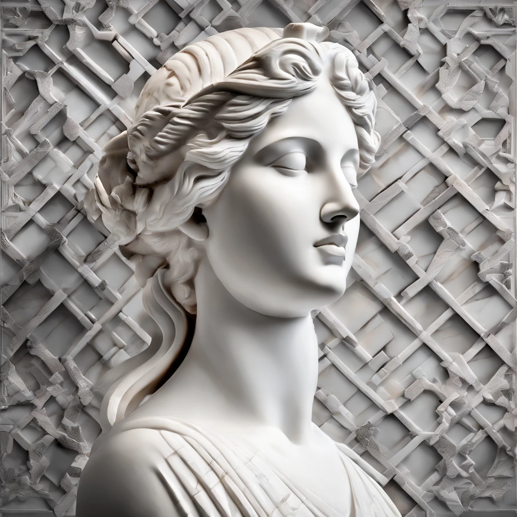 Abs female bust with white marble statue,In the style of a bearded Greek philosopher in a museum. dark ambiance, High contrast between light and shadow, professional photoshooting, Utrelia Lista, Light volume, cinematic ligh