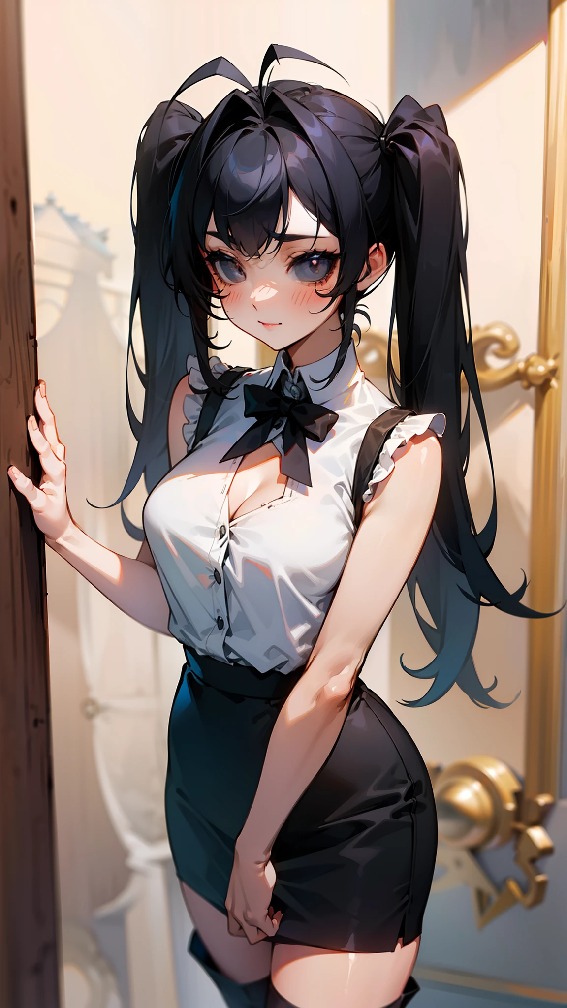 Original Character,8k, Masterpiece, Best Quality,Detailed, Beautiful Detailed Eyes, solo),fine skin,1girl, medium breasts, cleavage,, twintails,white shirt,sleeveless,black pencil skirt,black long boots,solo,long hair,(((hair 2antenna))),black eyes,black hair,black sclera,cute,(standing in a room in castle),happy,blush,cowboy shot
