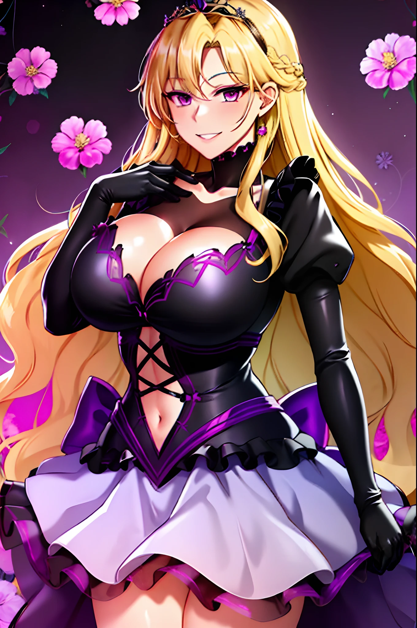 corrupta, shoujo style, floral background, romance manhwa, 1girl, blonde hair, solo, long hair, flower, dress, tiara, white dress, gloves, long sleeves, thick eyeblows, purple eyes, white gloves, purple bow, purple flower, wavy hair, standing, bow, jewelry, looking at viewer, white background, evil smile, collarbone, puffy sleeves, skirt lift, upper body, parted bangs, very long hair, purple dress, frills, bangs, cowboy shot, huge breast, cleavage