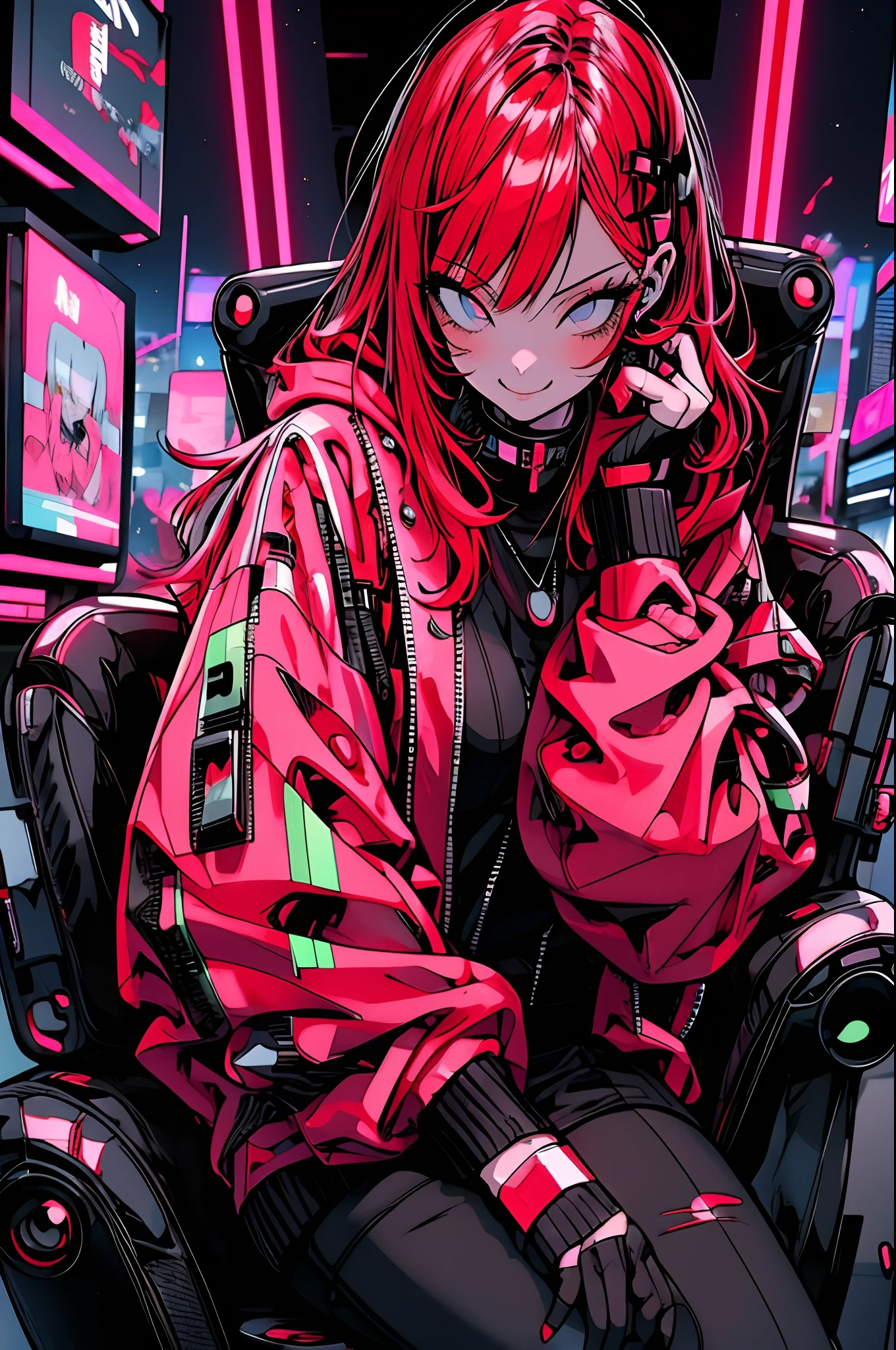 anime girl with red hair sitting on a chair in a neon city, big smile, cyberpunk anime girl in hoodie, cyberpunk anime girl, anime style 4 k, anime cyberpunk art, best anime 4k konachan wallpaper, digital cyberpunk anime art, female cyberpunk anime girl, digital cyberpunk - anime art, cyberpunk anime art, anime cyberpunk, cyberpunk streetwear, cyberpunk art style