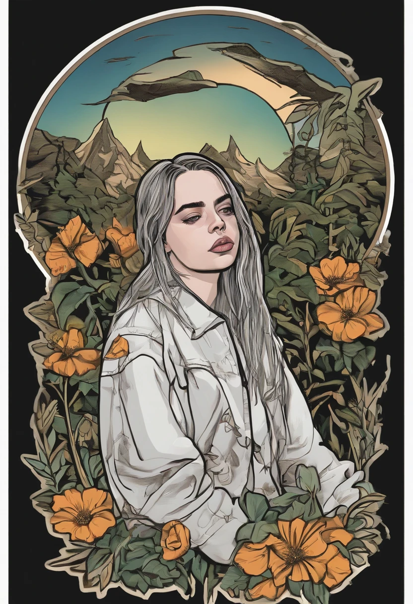 illustration for a sticker with a black background, in bold outline style, jagged edges, trashcore, light shading (( billie eilish))