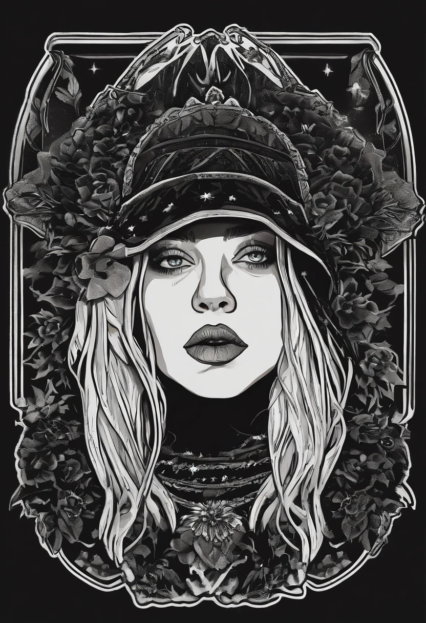 illustration for a sticker with a black background, in bold outline style, jagged edges, trashcore, light shading (( billie eilish))
