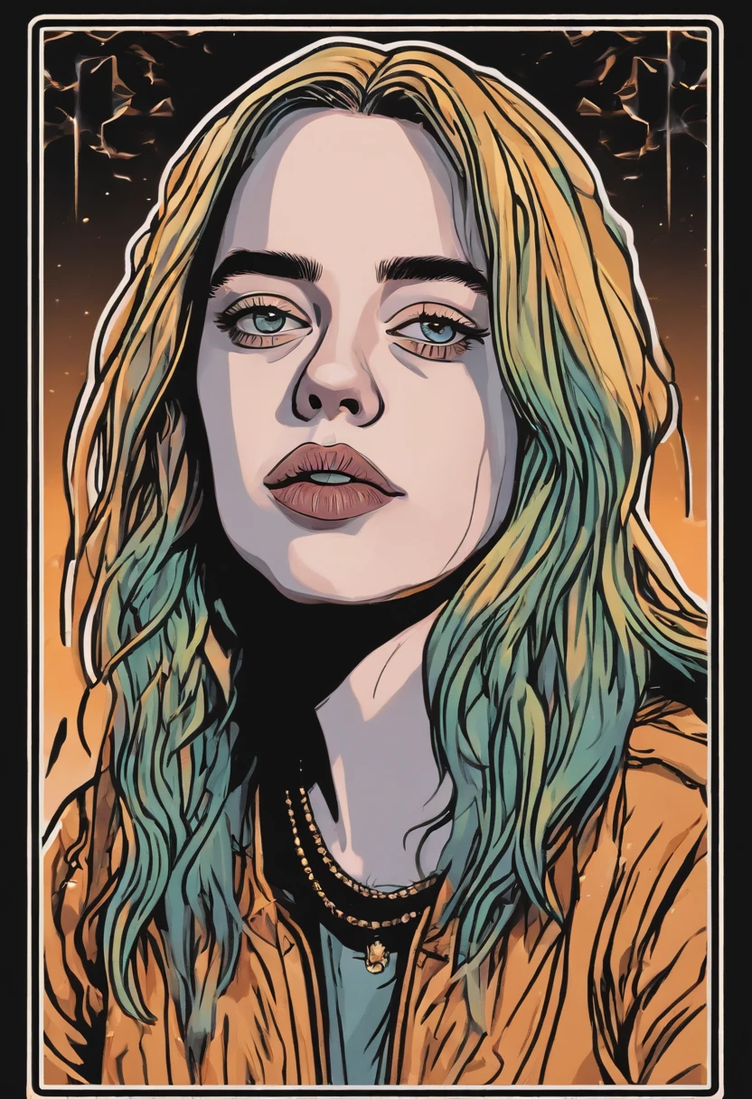 illustration for a sticker with a black background, in bold outline style, jagged edges, trashcore, light shading (( billie eilish))