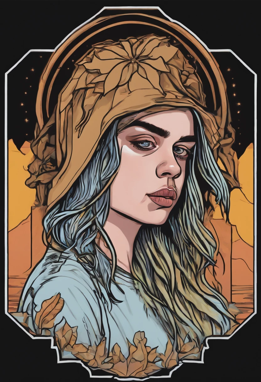 illustration for a sticker with a black background, in bold outline style, jagged edges, trashcore, light shading (( billie eilish))