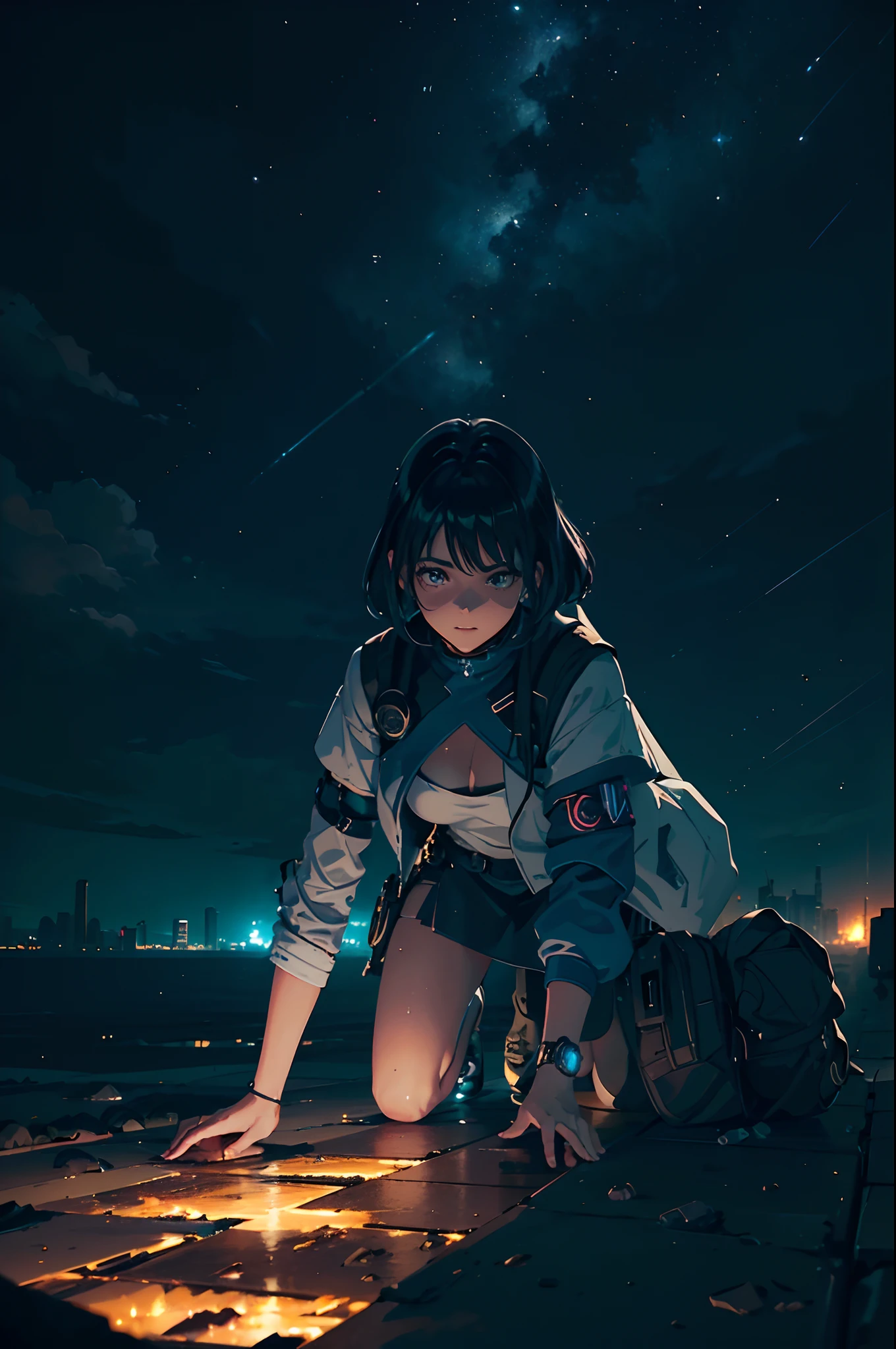 Panoramic photography of expansive landscape, (View from below overlooking the sky and street below), Cyberpunk girl standing in dystopic city looking up, Girl on all fours on the floor (pegue a chave: 1.2), (estrela cadente: 0.9), (nebulosa: 1.3), cidade distante, tree breaking production art, (fonte de luz quente: 1.2), (neon light: 1.2), bulb, roxo e laranja, detalhe intrincado, volume lighting BREAK (obra-prima: 1.2), (mais alta qualidade), 4k, ultra-detalhado, (Dynamic configuration: 1.4), Detalhes altamente detalhados e coloridos (iridescente: 1.2), (Sparkling lighting, Atmospheric Illumination), sonhador, magia, (sozinho: 1.2), Agora mesmo, Sexo, , hot,