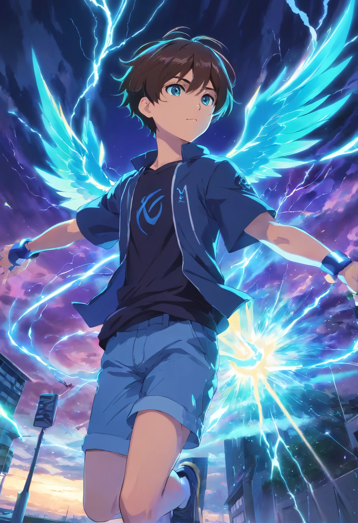 Um jovem homem adulto com cabelos cacheados Azul e branco de olhos verdes vibrantes, com uma roupa preta com desenhos azuis, holding a purple ray in his left hand with a pair of black wings on his back, Flying through the sky in a lightning storm
