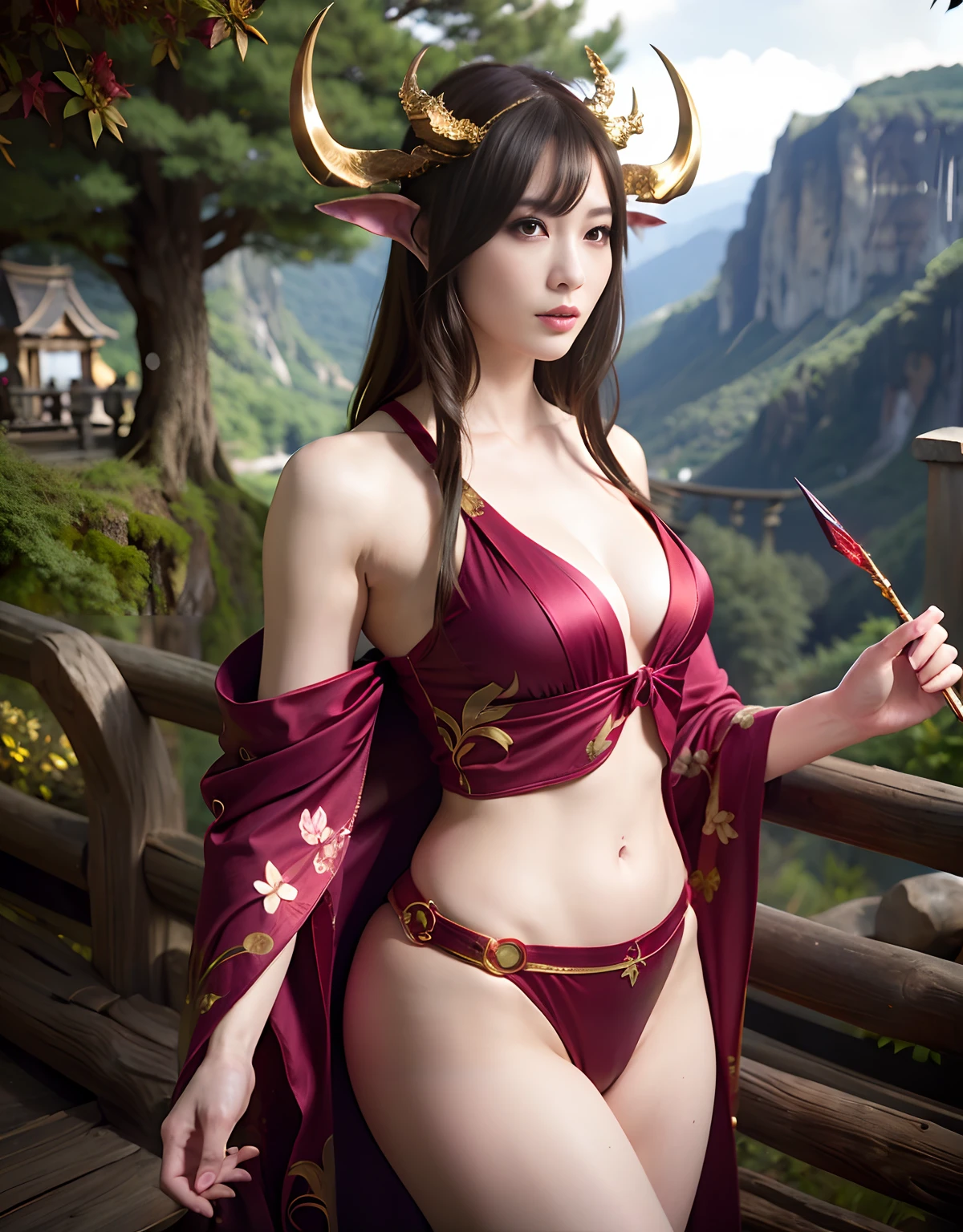 ((World of Darkness)),Professional , ​masterpiece、top-quality、photos realistic , depth of fields 、（sexypose）、(Red maple on full bloom background),（Ultimate Beauty）、A dark-haired、（shrine background)、（Kimono with beautiful pattern）、（Night background）、Beautiful hair ornament on the head、（（Precipitous cliffs））,(Wear a beautiful kimono),（Wear a beautiful kimono with colorful floral patterns）、Jewel Gold Weapon、Particles of light),(Wearing a wizard's hat）、Gorgeous gold weapons ,Castle background、（（ Gorgeous Dragon Sword）） , （a dark night）,,（maikurobikini） 、（（Black Haired Beautiful Girl））、（Castle background）、（demonic wings）、（（Gangle's forest background））、Beautiful Caucasian beauty、１a person、dynamic ungle,(((Two devil's horns on the head)))、Smaller head、Idle Smile、Thin and beautiful female hands、Mystical expression、Light Effects、intense fighting、Wind-effect、magic circles、With the legendary magic wand、Dragon's tail、