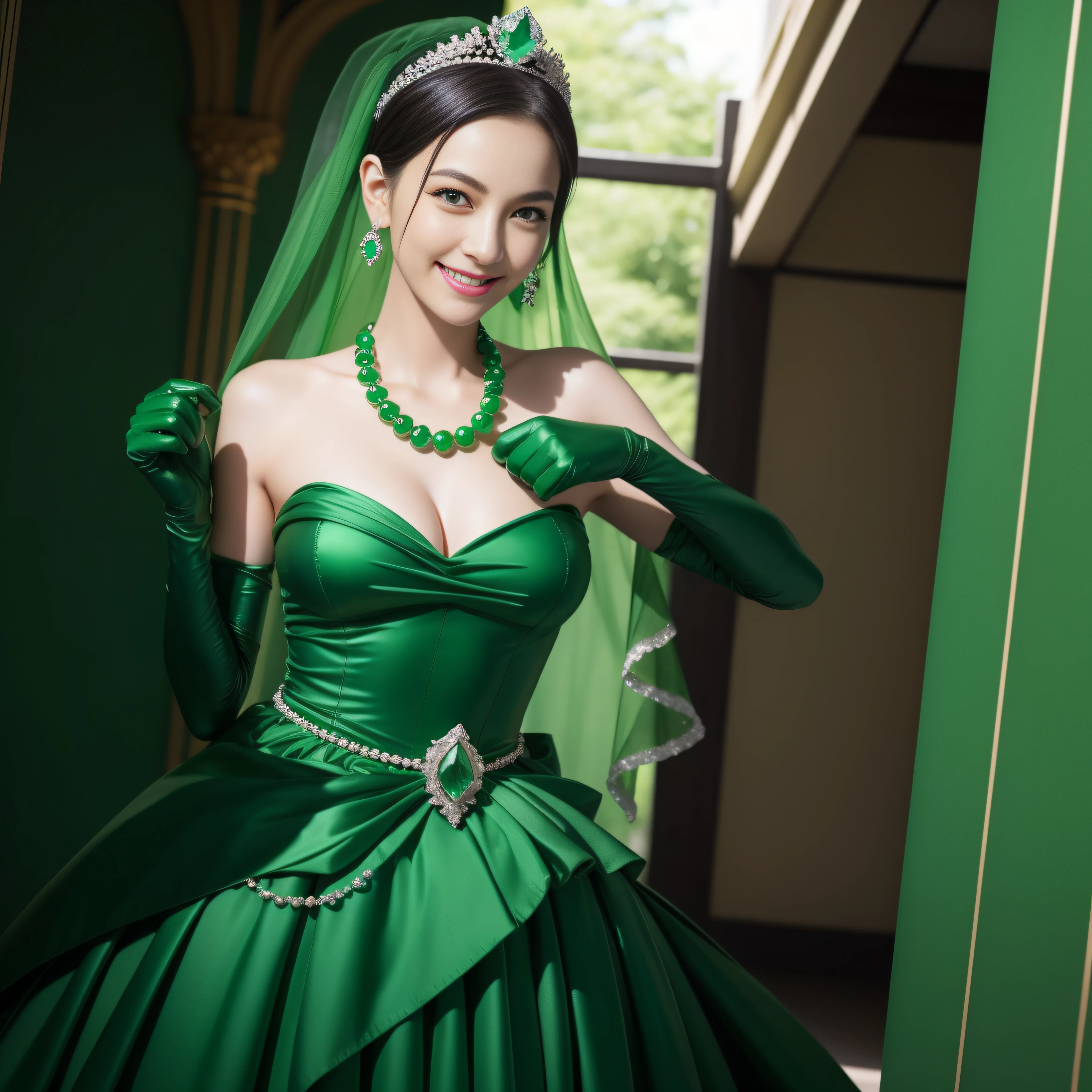 emerald tiara, Green Pearl Necklace, Boyish very short green hair, lipsticks, Japan woman smiling, very short short hair, fist, big breasts beautiful, Green eyes, Long green gloves made of satin material, Green eyes, Emerald Earrings