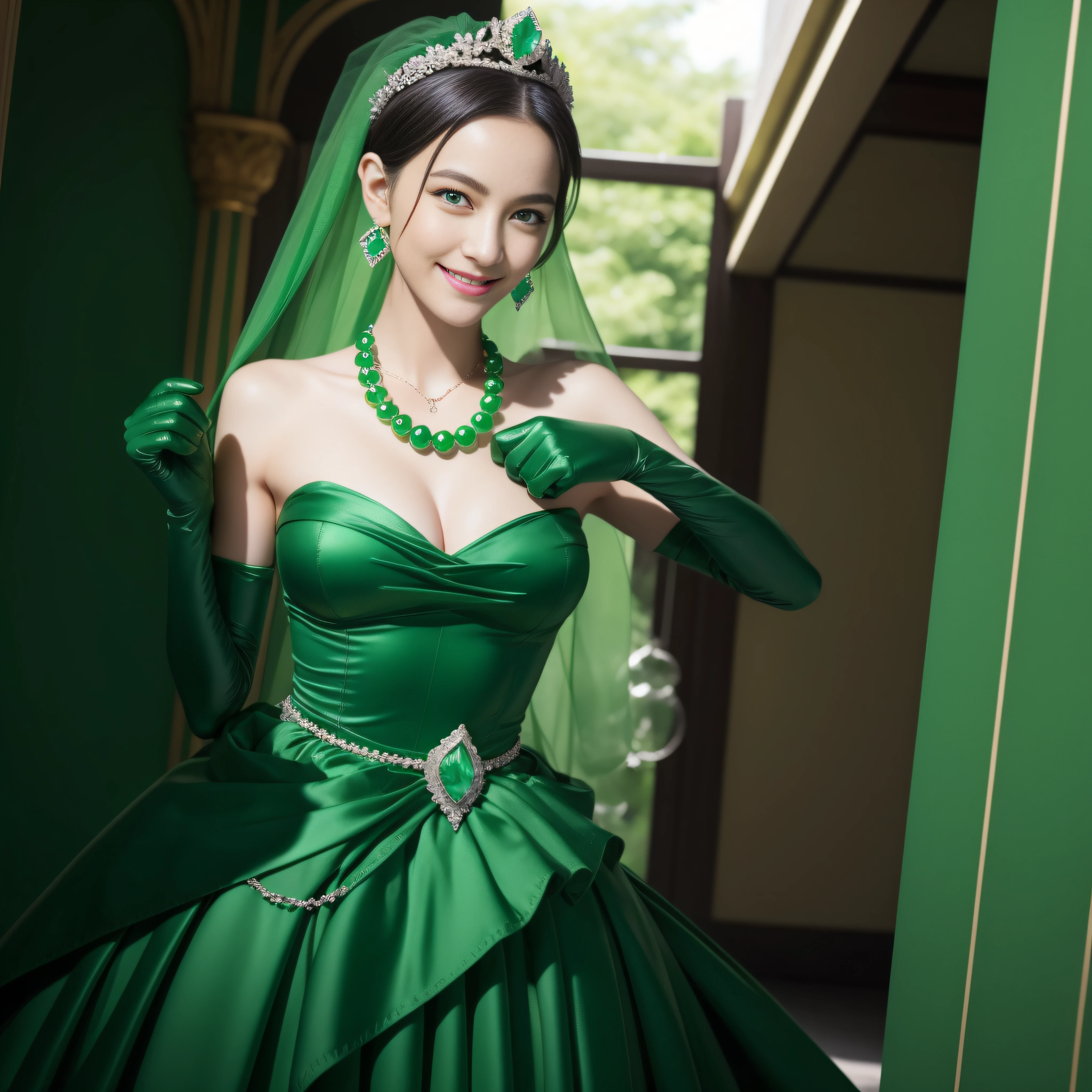 emerald tiara, Green Pearl Necklace, Boyish very short green hair, lipsticks, Japan woman smiling, very short short hair, fist, big breasts beautiful, Green eyes, Long green gloves made of satin material, Green eyes, Emerald Earrings