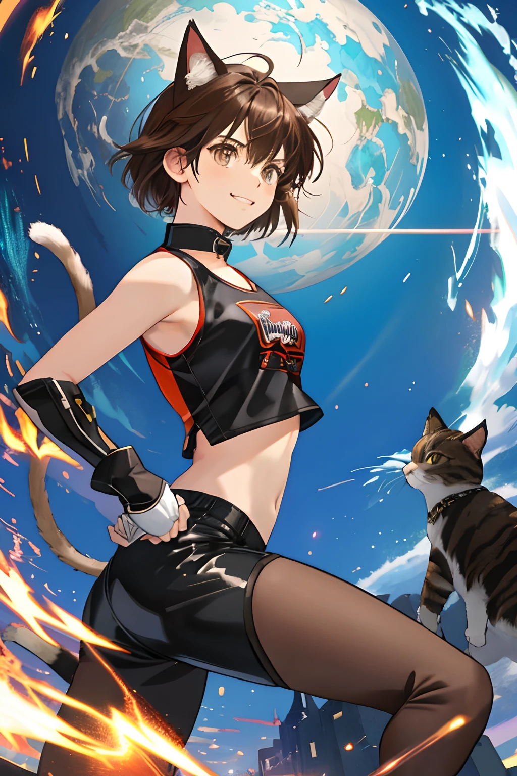 femele,Inspired by Calico,Cat's ears,Brown hair,Black mesh hair,Big eyes,cat hand,globe,a short bob,dishevled hair,Active characters,A smile,double tooth,Boyish girl,White and red,Sleeveless,Tight Leather Tank Top,Navel out,tight short pant,Cat tail,Cat gloves,Delicately drawn illustrations,Vivid color scheme,colourfull,Delicately expressed body,realistic representation,illustratio,buttle,action,fight,Background of the city of the near future,Dynamic movement,Fighting
