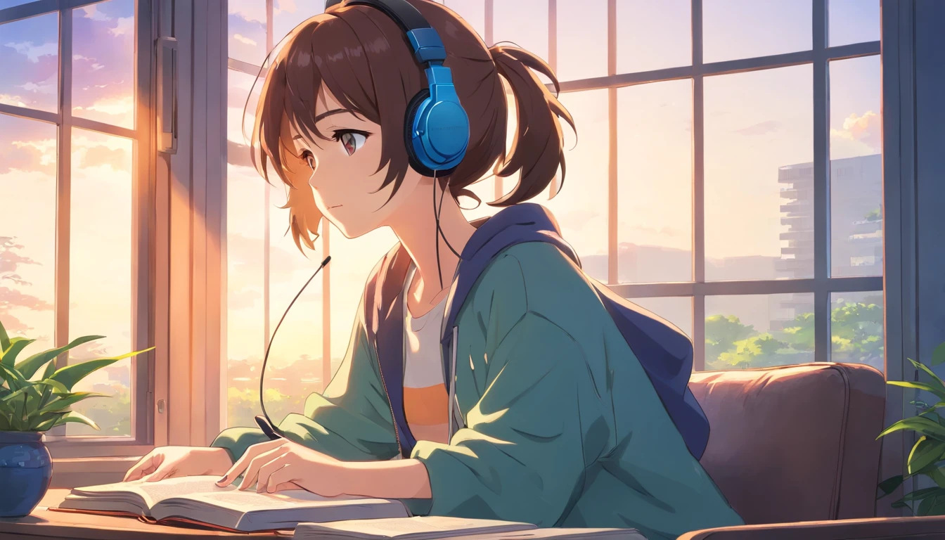 anime girl with headphones reading a book while wearing headphones, while thoughtfully looking at the window, blank background, anime illustration, 4k, vibrant colors, poster, illustration, anime, vibrant