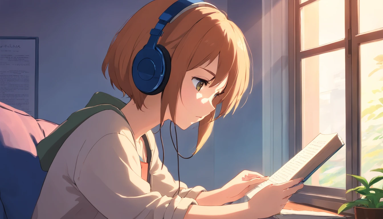anime girl with headphones reading a book while wearing headphones, while thoughtfully looking at the window, blank background, anime illustration, 4k, vibrant colors, poster, illustration, anime, vibrant