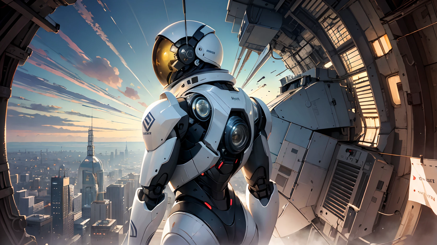 ((masterpiece)), ((best quality)), 8k, high detailed, ultra-detailed,A scene of a breathtaking and grand space image is depicted in the painting. The picture shows a person wearing a spacesuit, facing the back, looking at the upper body of a huge, broken humanoid robot floating in space. The scene is incredibly detailed and the clarity is extraordinary, capturing every intricate detail of the panorama.